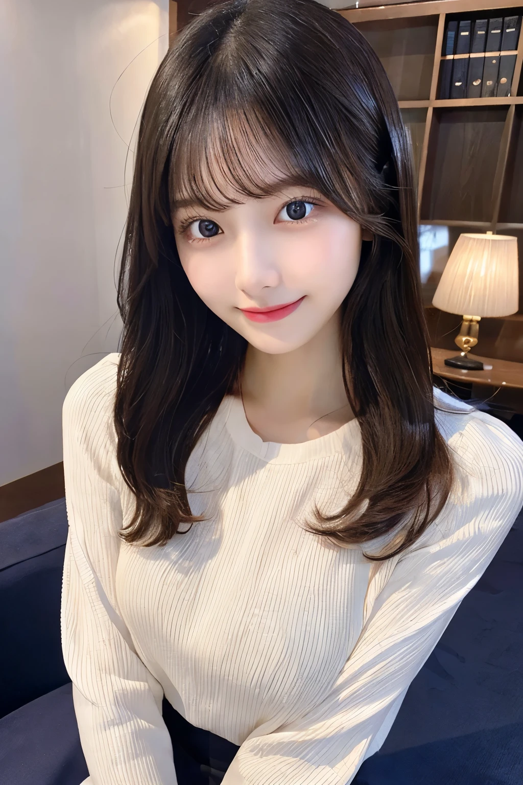Tabletop, highest quality, shape, Very detailed, finely, High resolution, 8k wallpaper, 完璧なダイナミックな構shape, Beautiful and detailed, Straight hair, Small breasts, Natural color lip, Random sexy poses,smile,20-year-old girl、Midnight、Beautiful and dense face、Perfect and beautiful face,Big eyes、RAW Photos、Expressing feminine poses with the whole body、Beautiful and detailed、Small face、Beautiful Duplex、Slim face and figure,Beautiful golden ratio face、Tight Skirt(navy)、Long sleeve blouse(white)