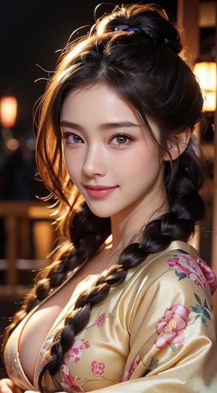 ((A beautiful woman in a sexy japanese kimono)),full Body 、8K,Eyes in Beautiful Details,dingdall effect、masterpiece, top-quality, hightquality, hight resolution、hyperdetailed photo、(natural skin textures、Detailed skin、Hyper-Realism、ultra sharpness)、high-detail skin、(ighly detailed、detailed skin textures、intricate detailes、beautiful expression、(Lifelike face)、realisticeyes、beatiful detailed eyes、real looking skin、Beautiful skins、A hyper-realistic、ighly detailed、the golden ratio、With smiling eyeoonlight background at night))、Full Body 、(Curly hair in braids、Bun1),big breasts, cleavage , sexy legs, standing