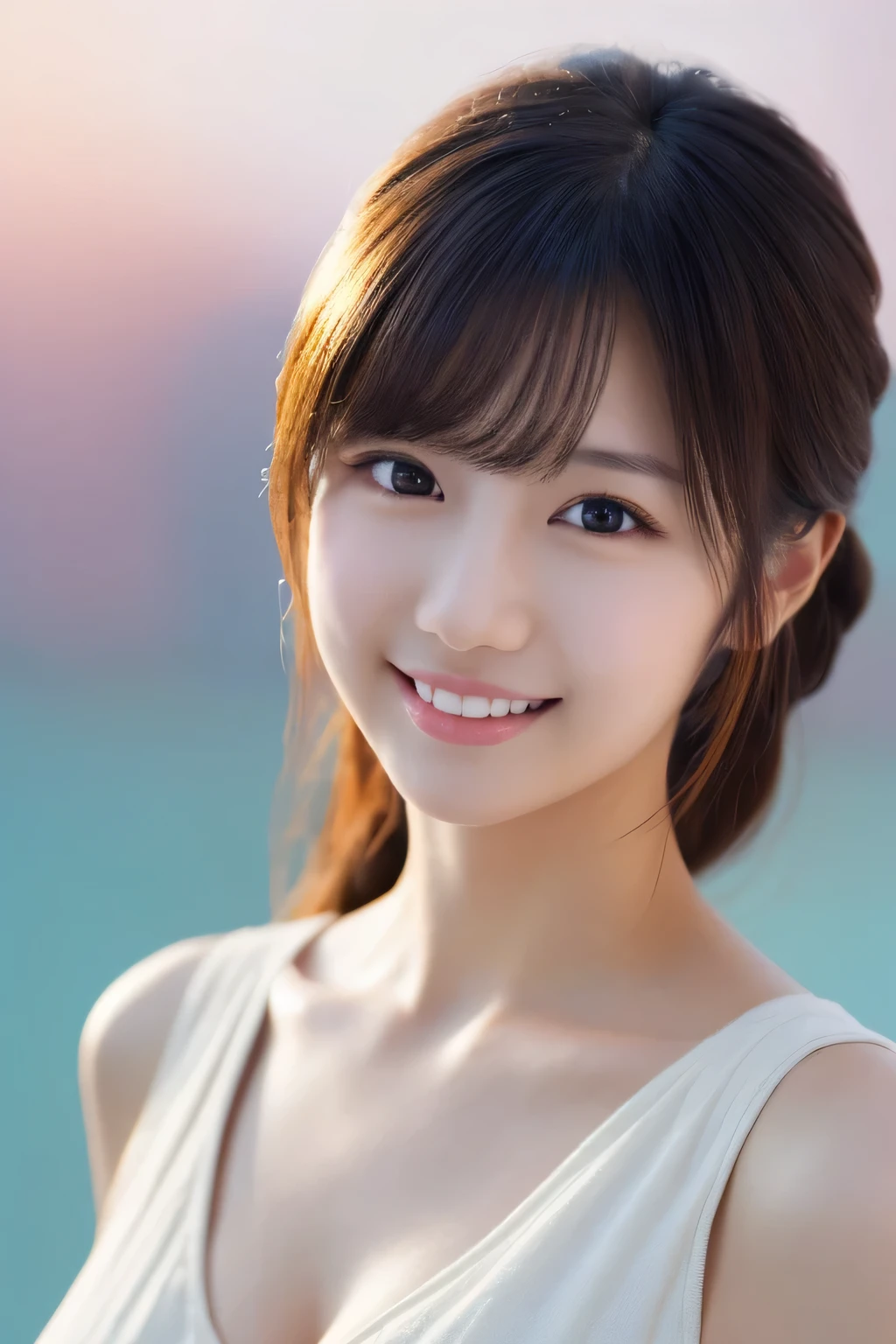 1girl, (wearing a casual pastel colored costumes:1.2), (portrait photo of a beautiful Japanese idol girl),
(Simple background in light colors:1.3),
(RAW photo, best quality), (realistic, photo-realistic:1.4), masterpiece, 8k portrait,
an extremely delicate and beautiful, extremely detailed, 2k wallpaper, Amazing, finely detail, extremely detailed CG unity 8k wallpaper, 
ultra-detailed, highres, 
soft light, beautiful detailed girl, extremely detailed eyes and face, beautiful detailed nose, beautiful detailed eyes,
cinematic lighting, perfect anatomy, 
slender body, small breasts, semi-long hair, bokeh, dynamic angle, light smile,