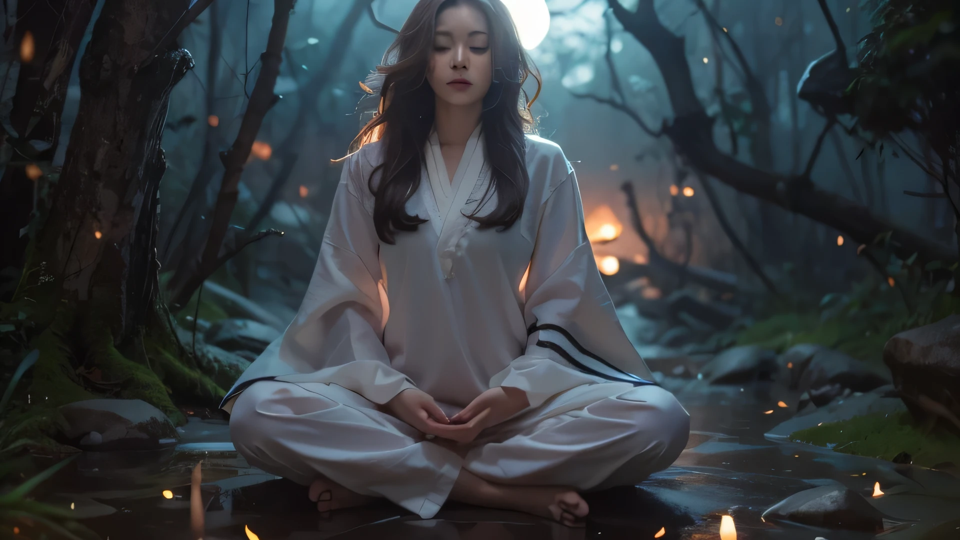 Woman doing yoga meditation on rocks near lake,meditation pose,Zen meditation,8k,beautiful art work,Anime style,4 k,calm,Moon Goddess,Gwaites-style artwork