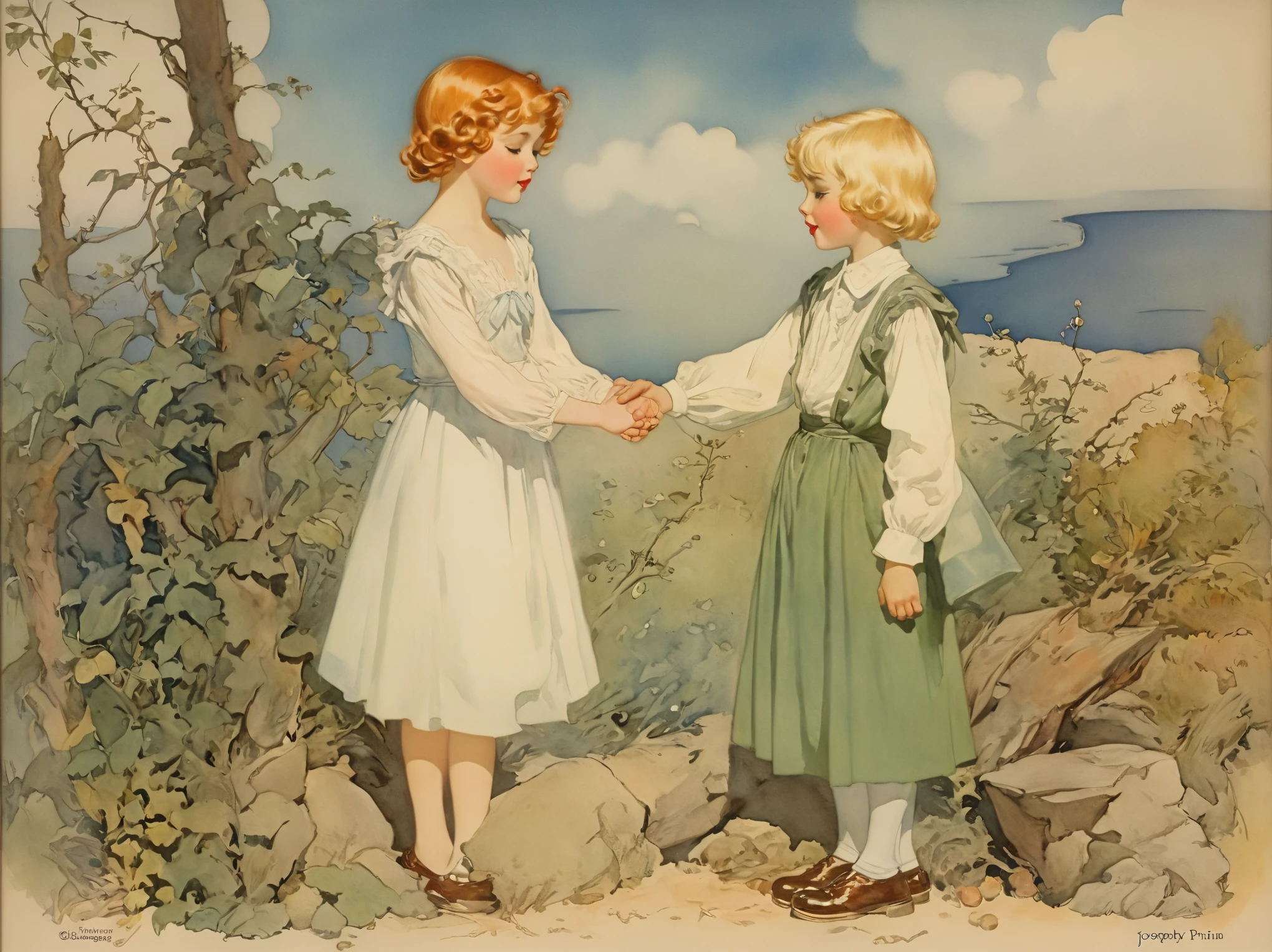 there are two children that are standing next to each other, peasant boy and girl first kiss, by Dorothy Hood, by Alice Prin, boy girl traditional romance, louis icart, joseph leyendecker, by Sun Junze, by Gerda Wegener, by Irene Bache, by Margaret Brundage, by Jacques Sablet, by Gustaf Tenggren,