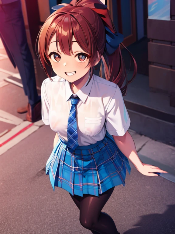 ((highest quality)), ((masterpiece)), (detailed), (Character Focus、breast focus,whole body), Anime 2D Rendering, Realistic young anime woman, Five Fingers, Perfect Face, Beautiful fine details, Beautiful body, Beautiful breasts, Beautiful thighs, (Smaller breasts)、Beautiful feet, (White beautiful skin), 、 12 year o, Redhead、(ponytail、Black Ribbon), ((Collared short-sleeved shirt, White shirt, Blue plaid pleated skirt, Blue tie))、(Black Pantyhose、loafers), Wicked Smile、((Grin))、garden、She turns her face and body towards the viewer，A pretty face and a charming smile，Are standing、