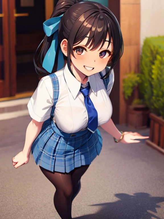((highest quality)), ((masterpiece)), (detailed), (Character Focus、breast focus,whole body), Anime 2D Rendering, Realistic young anime woman, Five Fingers, Perfect Face, Beautiful fine details, Beautiful body, Beautiful breasts, Beautiful thighs, (Smaller breasts)、Beautiful feet, (White beautiful skin), Baby Face、 12 year old girl、One Girl, Redhead、(ponytail、Black Ribbon), ((Collared short-sleeved shirt, White shirt, Blue plaid pleated skirt, Blue tie))、(Black Pantyhose、loafers), Wicked Smile、((Grin))、garden、She turns her face and body towards the viewer，A pretty face and a charming smile，Are standing、