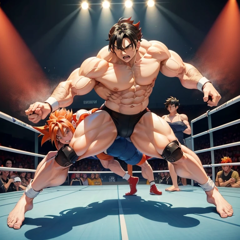 (Eine detaillierte Zeichnung von Rot mit roter Kappe, Ich bin Wrestling-Ring.), With a naked torso, oiled body, Ripping clothes, the strongest of all, huge muscular body, big Bizeps, big shoulders, Muskelbeine,Abs, Barefoot, Full body image, Angespanntes Ringen im Ring mit goku als Gegner. dynamische Pose. Red grabs Goku and holds him in a tight grip. Red vs goku. Extrem hartes Wrestling Freestyle-Wrestling im Ring liegend, Extrem brutales, sexy, Classic Greco-Roman Prone Wrestling is a TV show, filmisch, realistisch, sexy and muscular, Full body posture. Best quality, Sehr detaillierte Computerillustration. dynamische Pose.