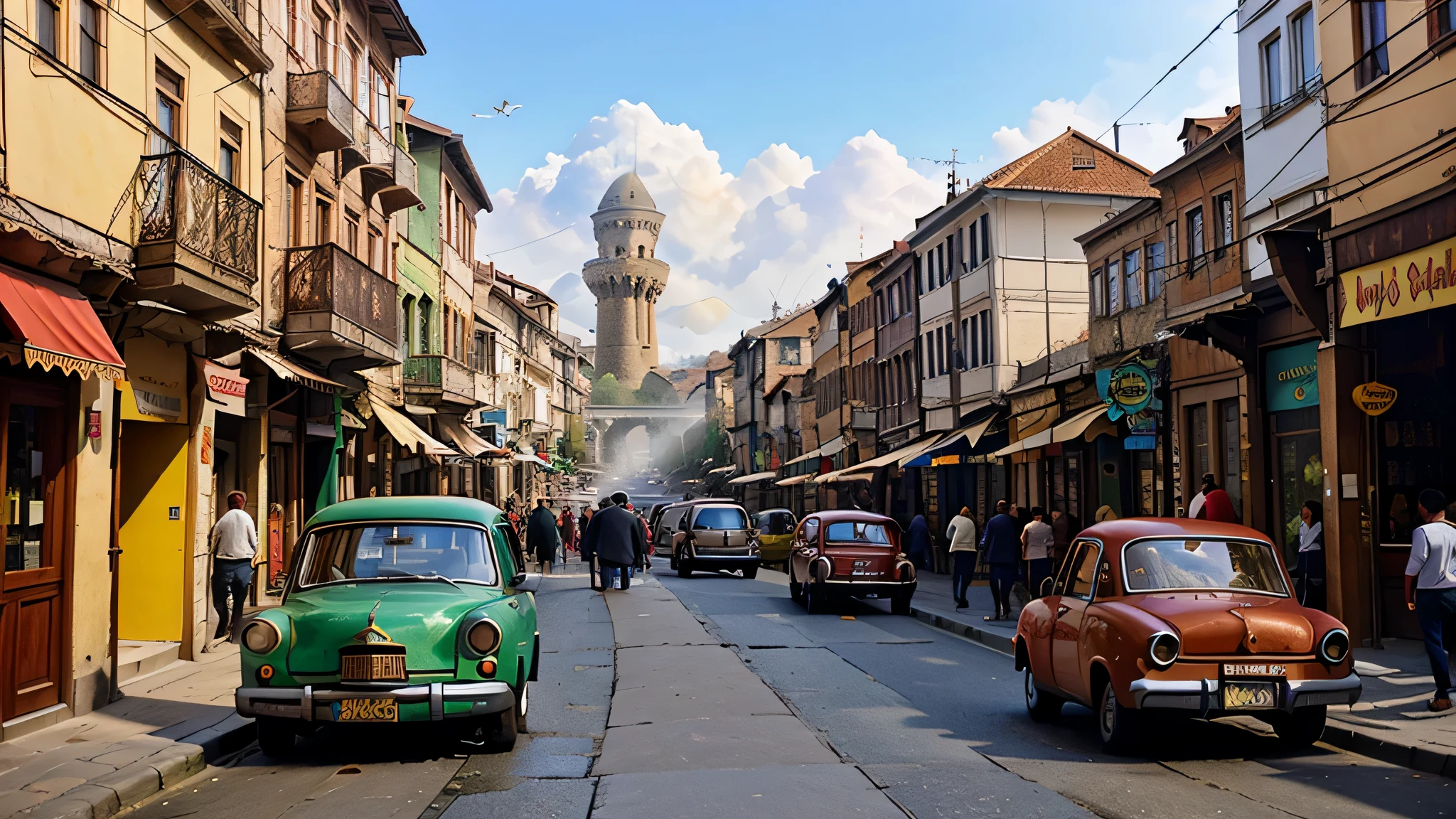An old town street in Istanbul from 1970s crowded with people and cars, spring weather, Istanbul landmark in the background, galata tower, traditional ottoman houses, atmospheric fog, afternoon, car traffic in the street, 4k, cobblestone pavement, spice seller, old town bazaar, ((old cars on the street))