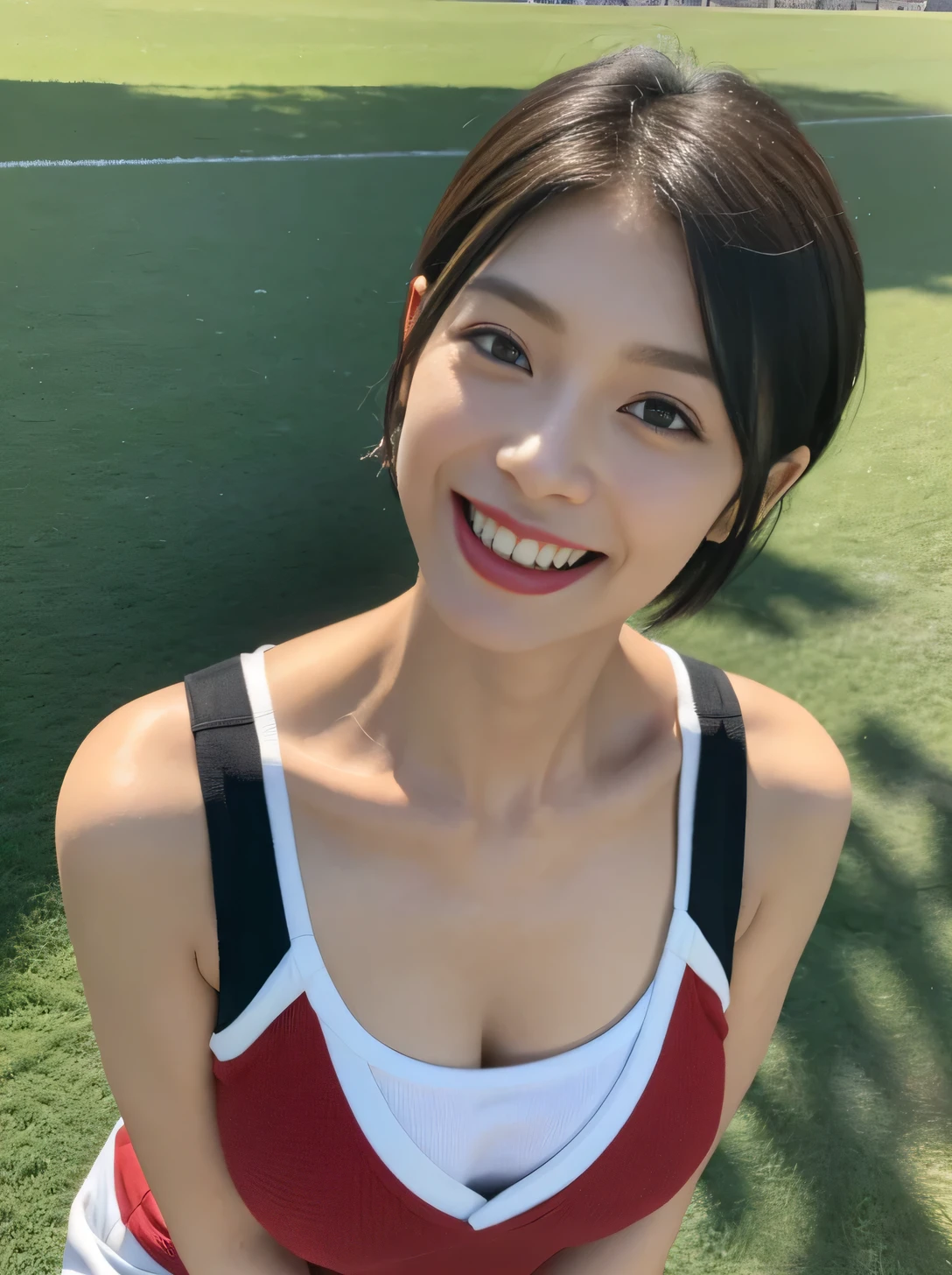 One Mature Woman、38 years old、Japanese,Looking at the audience,(Wear a football uniform）、（With uniform number）、（Sports bra)、(Standing on the grounds of a soccer field), Shining Face,Shiny skin,Shortcuts,Black Hair,Red Mouth,clavicle,Beautiful fingers,Full body portrait,  short hair, Bobcut, 8k, Super Detail, highest quality, Textured skin, Anatomically correct, masterpiece , highest quality,  Use perspective throughout , Surrealism , ,(Realistic:1. 3),(RAW Photos) , Black Hair, light smile, short hair, Bobcut, Anaglyph, Stereogram, (Mature Woman:1), (38 years old), ((close:0.5)), Glare, double eyelid, Lip gloss, (smile:1), ((close your eyes:0.85)), Red Mouth, clavicle, ((View your viewers)), (short hair of reddish-brown color wet and shiny,), (The whole body is visible) , Slightly thick body type , Wide-eyed , Perfect round eyes , Fine texture 、（Beautiful teeth alignment）、（smile：1.3）,Japanese,big breasts,Big Ass,G-cup breasts,Beautiful fingers,highlight big breasts