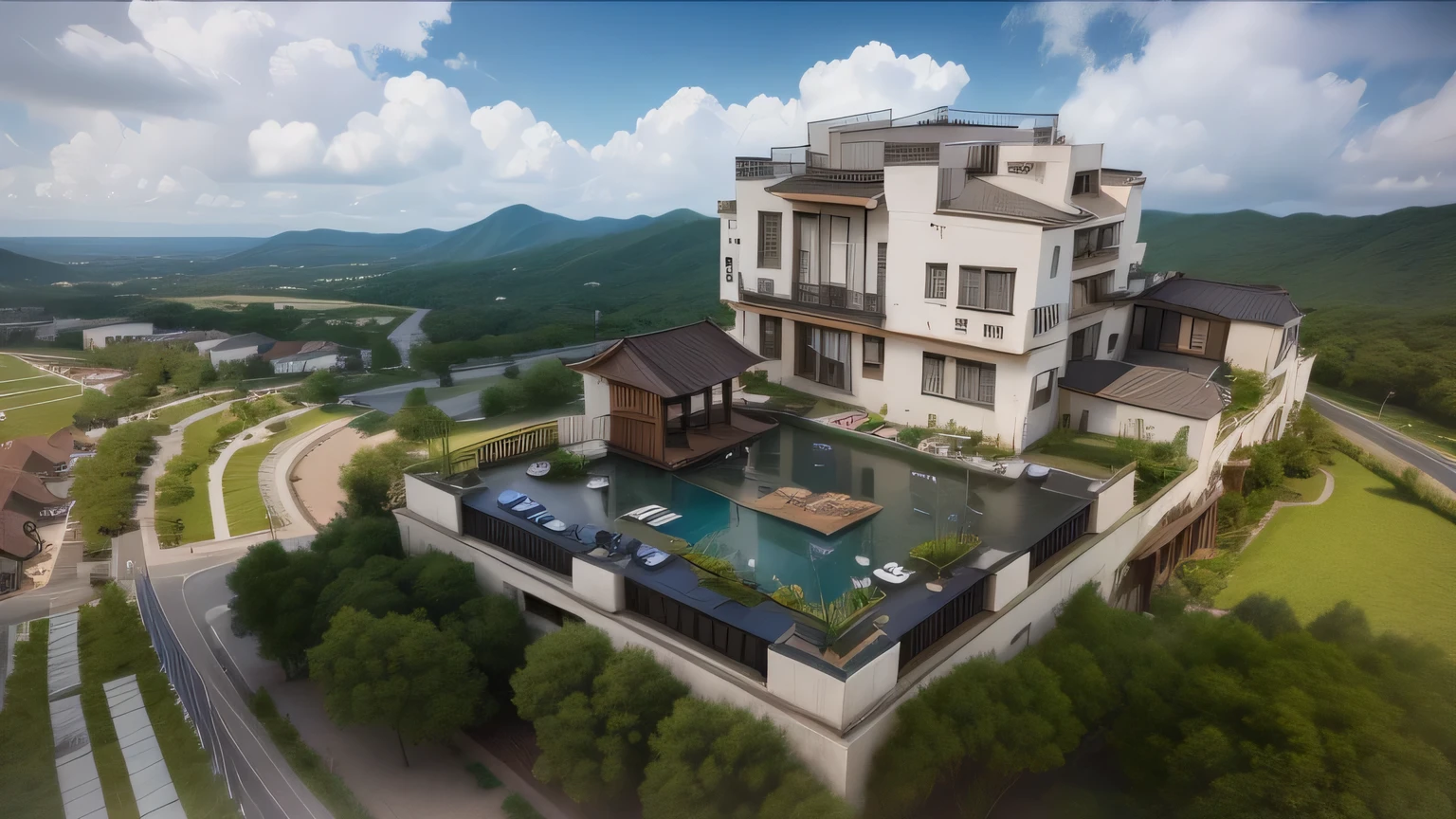 a view of a building with a pool and a parking lot, isometric view!!!!, aerial perspective, insanely detailed rendering, isometric perspective view, 3 d perspective, rendered in lumion pro, detailed rendering, lumion rendering, 3 d rendering!, 3d rendering!, very detailed render, highly detailed render, architectural rendering, fully detailed render,Country courtyard,Courtyard design,Modeling rendering,Realism,China