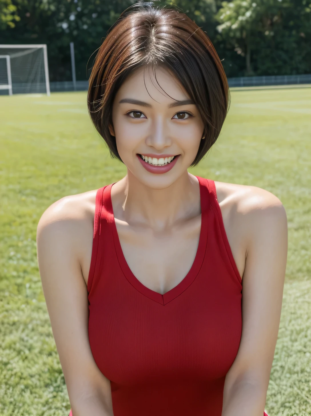 One Mature Woman、38 years old、Japanese,Looking at the audience,(Wear a football uniform）、（With uniform number）、(Standing on the grounds of a soccer field), Shining Face,Shiny skin,Shortcuts,Black Hair,Red Mouth,clavicle,Beautiful fingers,Full body portrait,  short hair, Bobcut, 8k, Super Detail, highest quality, Textured skin, Anatomically correct, masterpiece , highest quality,  Use perspective throughout , Surrealism , ,(Realistic:1. 3),(RAW Photos) , Black Hair, light smile, short hair, Bobcut, Anaglyph, Stereogram, (Mature Woman:1), (38 years old), ((close:0.5)), Glare, double eyelid, Lip gloss, (smile:1), ((close your eyes:0.85)), Red Mouth, clavicle, ((View your viewers)), (short hair of reddish-brown color wet and shiny,), (The whole body is visible) , Slightly thick body type , Wide-eyed , Perfect round eyes , Fine texture 、（Beautiful teeth alignment）、（smile：1.3）,Japanese,big breasts,Big Ass,G-cup breasts,Beautiful fingers,highlight big breasts