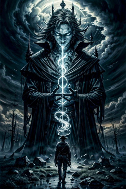 highres,ultra-detailed,realistic:1.37,dark fantasy,gothic style,(Bearer of the curse),(Seek souls. Larger, more powerful souls.),(Seek the king, that is the only way.),(Lest this land swallow you whole. As it has so many others),medium:oil painting,dark and mysterious atmosphere,desolate landscape,majestic castle in the distance,cold and foggy weather,gloomy and haunting ambience,ruined statues and broken architecture,ominous shadows and silhouettes,dramatic and dynamic lighting,vivid and intense colors on the castle,mysterious and magical glow around the protagonist,eyes with a hint of glowing blue,decaying and overgrown vegetation,ragged and worn clothing,grave expression on the protagonist's face,ancient symbols and runes,whispers of lost souls