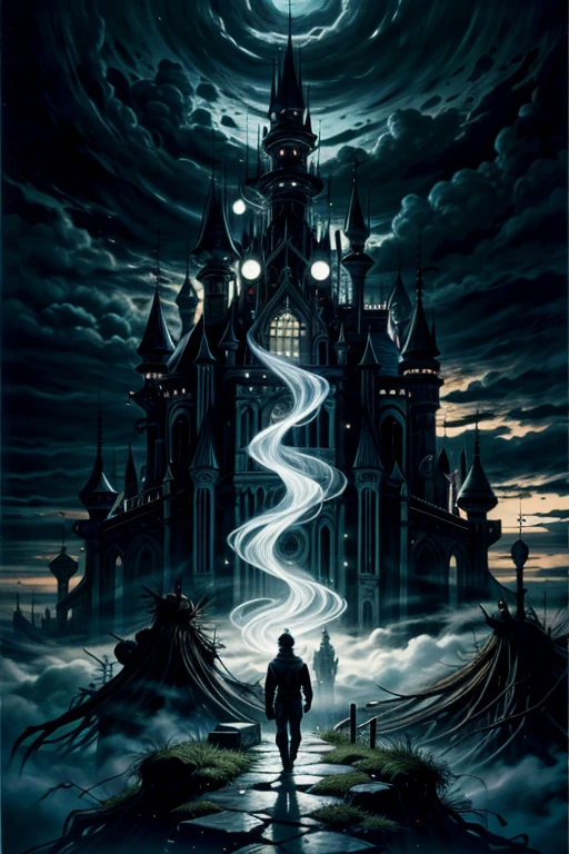 highres,ultra-detailed,realistic:1.37,dark fantasy,gothic style,(Bearer of the curse),(Seek souls. Larger, more powerful souls.),(Seek the king, that is the only way.),(Lest this land swallow you whole. As it has so many others),medium:oil painting,dark and mysterious atmosphere,desolate landscape,majestic castle in the distance,cold and foggy weather,gloomy and haunting ambience,ruined statues and broken architecture,ominous shadows and silhouettes,dramatic and dynamic lighting,vivid and intense colors on the castle,mysterious and magical glow around the protagonist,eyes with a hint of glowing blue,decaying and overgrown vegetation,ragged and worn clothing,grave expression on the protagonist's face,ancient symbols and runes,whispers of lost souls