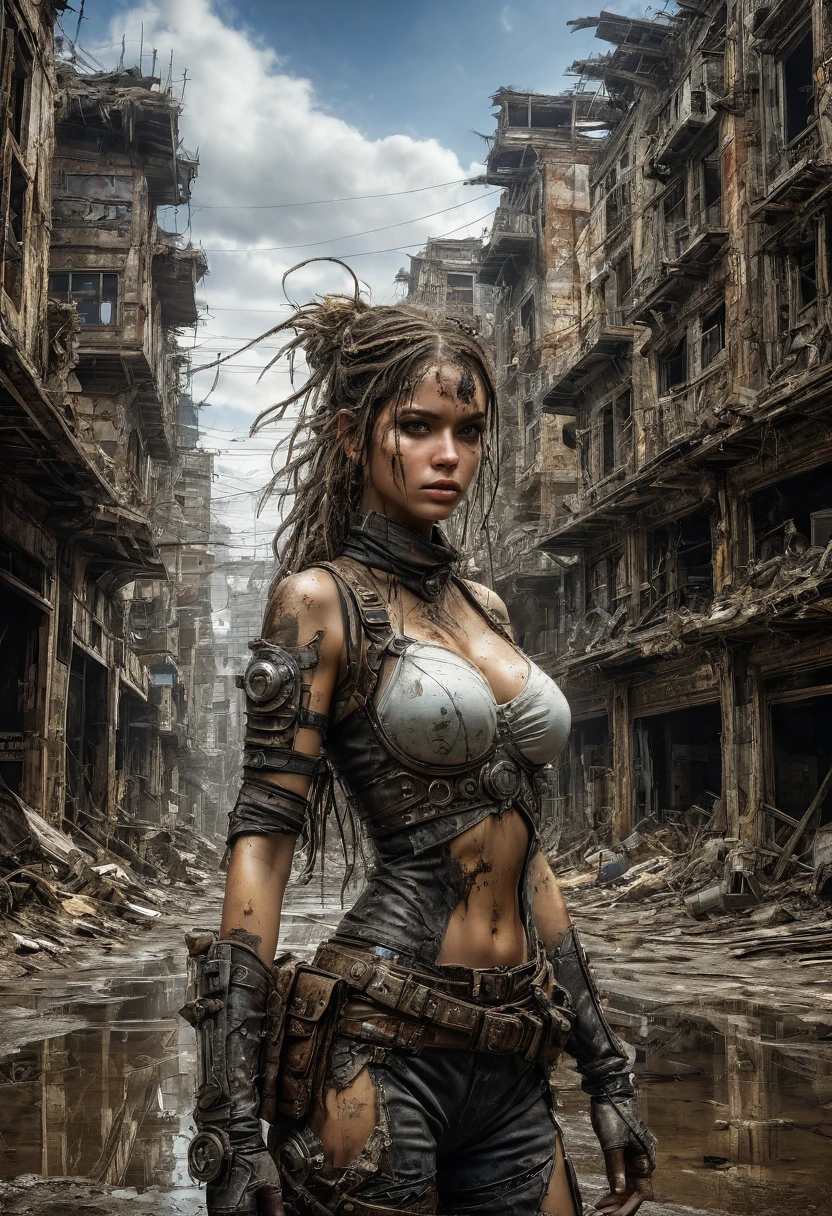 1girl, Post-Apocalyptic Wasteland, The Adventures Guild Magical, Intricate, puddles, Digital, Scenic, Hyperdetailed, meticulous, Luis Royo, Rutkowski, Greg Olsen, Bagshaw, Sandra Chevrier, Roberto Ferri, Michael Kaluta, Victor Adame Minguez, Ruan Jia, Cinematic, WLOP, JJ Abrams, HDR, Unity 3D, Corona Render, Smoothed Out