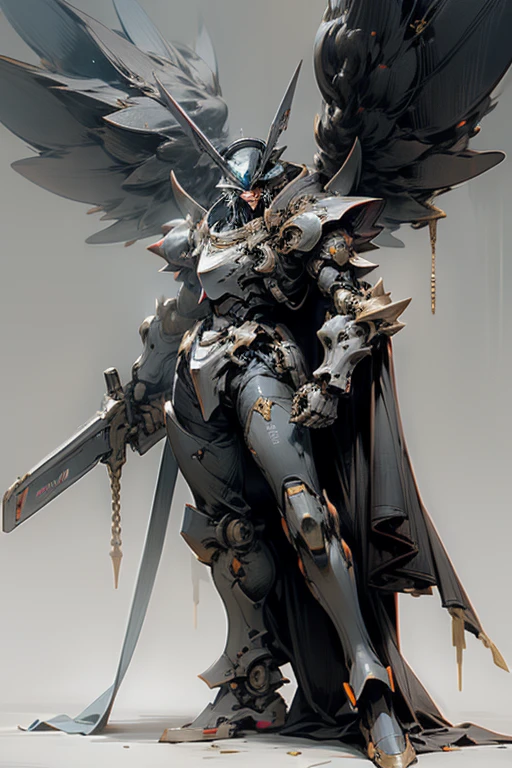 In the realm of Dark Fantasy and Cyberpunk, a solitary figure stands guardian. Clad in a full body heavy armor reminiscent of the iconic Gundam, this mechanical marvel exudes a robotic presence. A towering engine nozzle graces its back, emitting a steady stream of blue and navy fuel. Heavy weapons adorn its formidable frame: six wings unfurl behind, each one housing devastating firepower. The armor's color scheme is extremly high-detailed, a perfect blend of black and beastly hues. An animalistic mito behavior infuses the design, giving the guardian an air of darkness and mystery. The chain saw man, ad