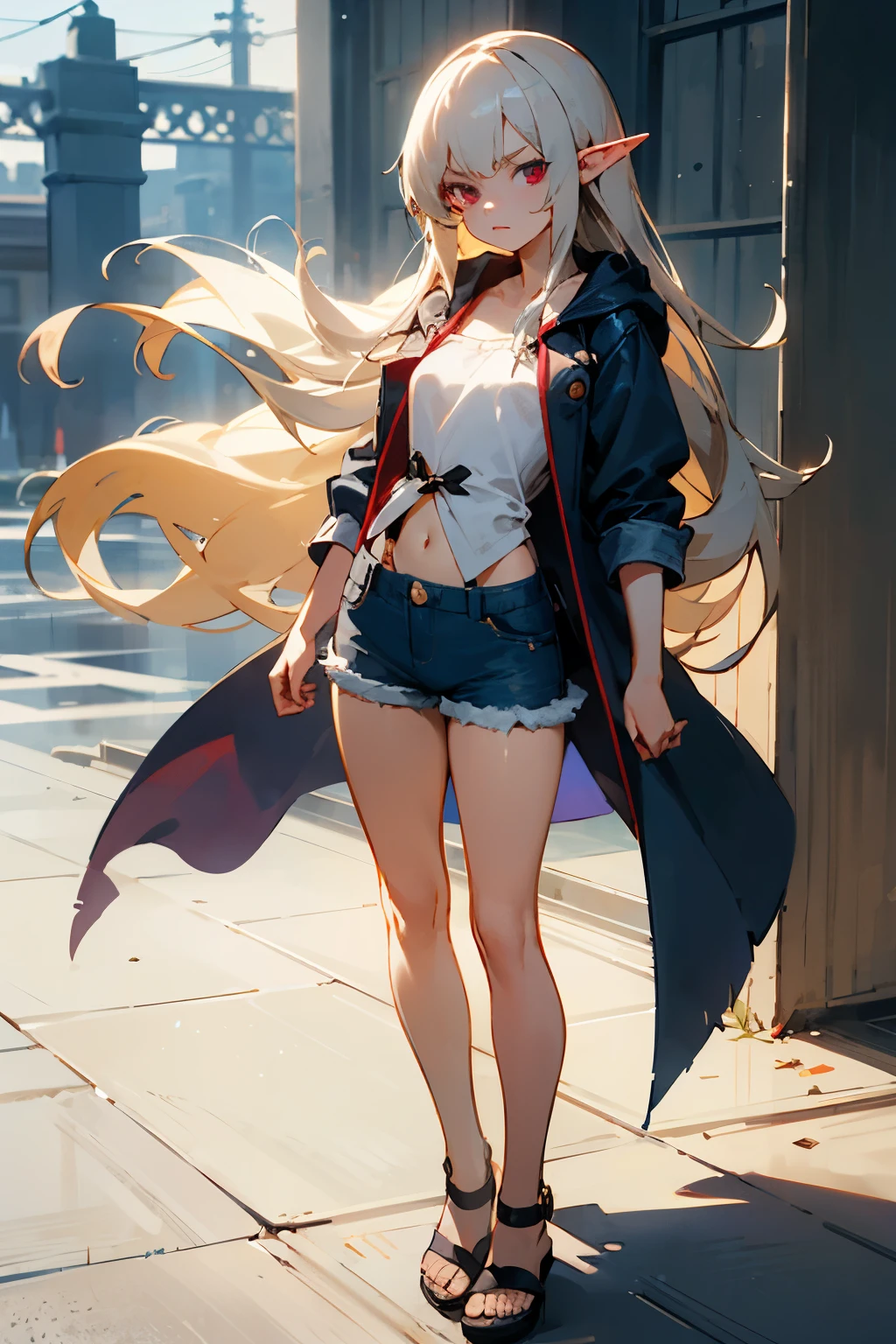 young beautiful with a serious expression on her face, not tall, ash-haired elf vampire with long hair in a light open top and denim shorts, in rag sandals without fasteners with an open chest of the second size in full height without a raincoat in excellent quality