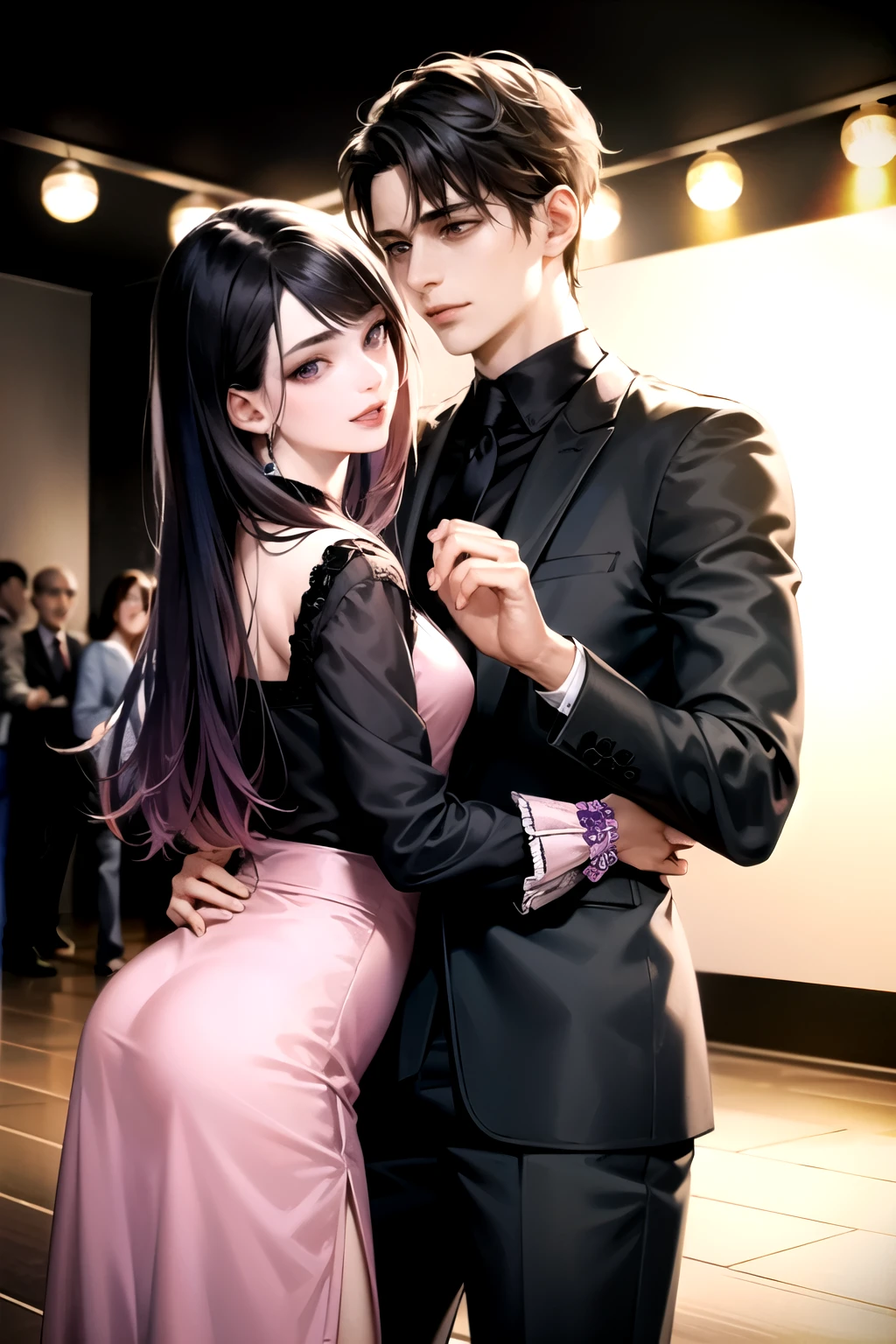 (Romantic Couple of two) (Albedobase XL v2, photo RAW) (Lavender dark mint green-lilac and Fluorescent Ghostly glitter aura) highly detailed, smooth skin, intricate motifs, glowing stardust, sharp focus, sparkling particles, background Realistic, realism (Perfect stylized tender face) (Realistic makeup, hd, 35mm photograph, 8k) (Cg Face Anime) masterpiece, award winning photography, natural light, perfect composition, high detail, hyper realistic. (Frowning of the eyebrows sinister look) shiny Galactic Glow, best quality (Low cut short elegant hair Dark red Mohican) (grey blue eyes Sparkles detailed eyes cloudy pupils) Rosy Cheeks (Lavender lilac Lingerie with ruffles glass pastel Mid-leg stockings peach embroidery Harness, trench coat cover details glass rhinestones embroidered on the sides dark long sleeves, glass gloves). Thin Waist mesh Wide hips, (high furry, leather) Curpulent Vampire Futuristic Male oliva costume glass mint, Realistic makeup (Couple hugging kiss on the cheek) NSFW