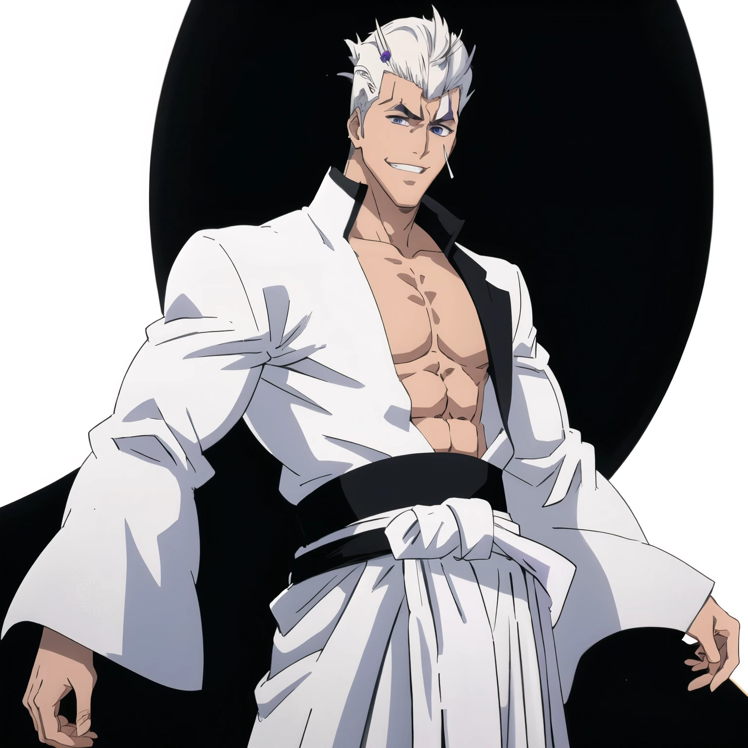 1male, solo, arrancar, white jacket, black sash, white hakama, black tabi, white zōri, purple undercut, brow piercings, wide grin, thin body