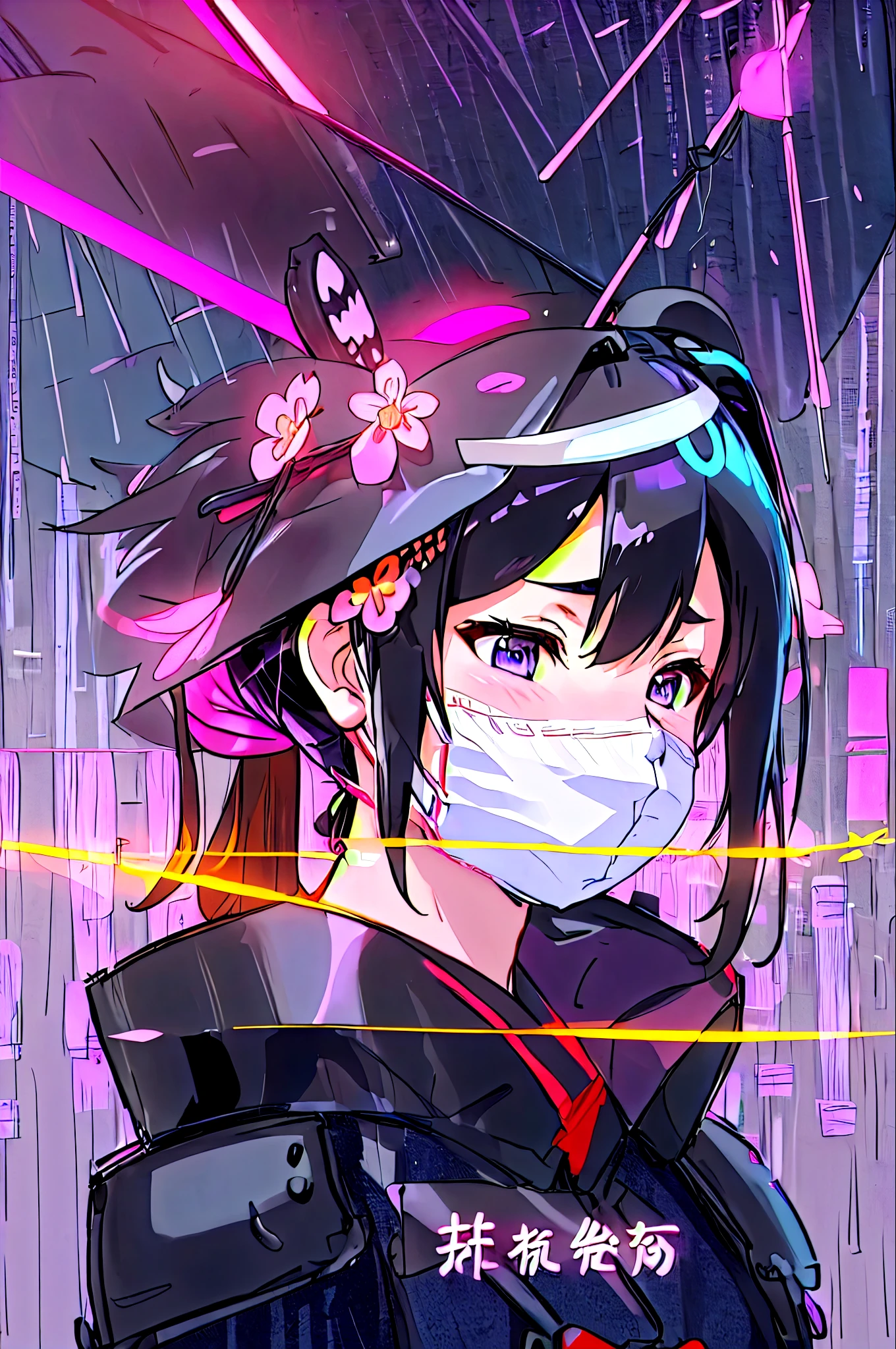 ((Samurai)), icon, One, half of the body, helmet, armor, ((face mask)), neon background, purple backdrop, it&#39;s raining, the colors are floating, Neon, art, Флюид art, ((Japan)), ((4K resolution)), ((Anime))