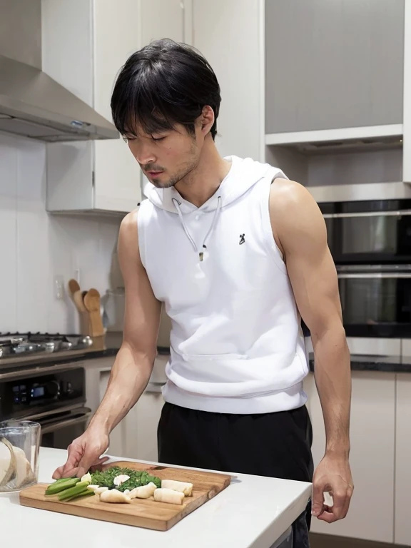 逼真的影像穿著黑色短褲的Japanese men, (((  irresistibly sexy, nice, and英俊的臉龐))), and((pale skin color andfine skin complexion)), ( ((Wearing a white crew neck sleeveless sweatshirt))), ((No top)), ((Beautiful shiny short black hair)), ((Half-length photo)), ((Ultra-high resolution))(( ))(( eye contact ))Alaphid Asian man preparing food using cutting board in kitchen, , Japanese men,, Asian Men, , Official product images, ,, Medium shot of a handsome guy, Height 180 cm