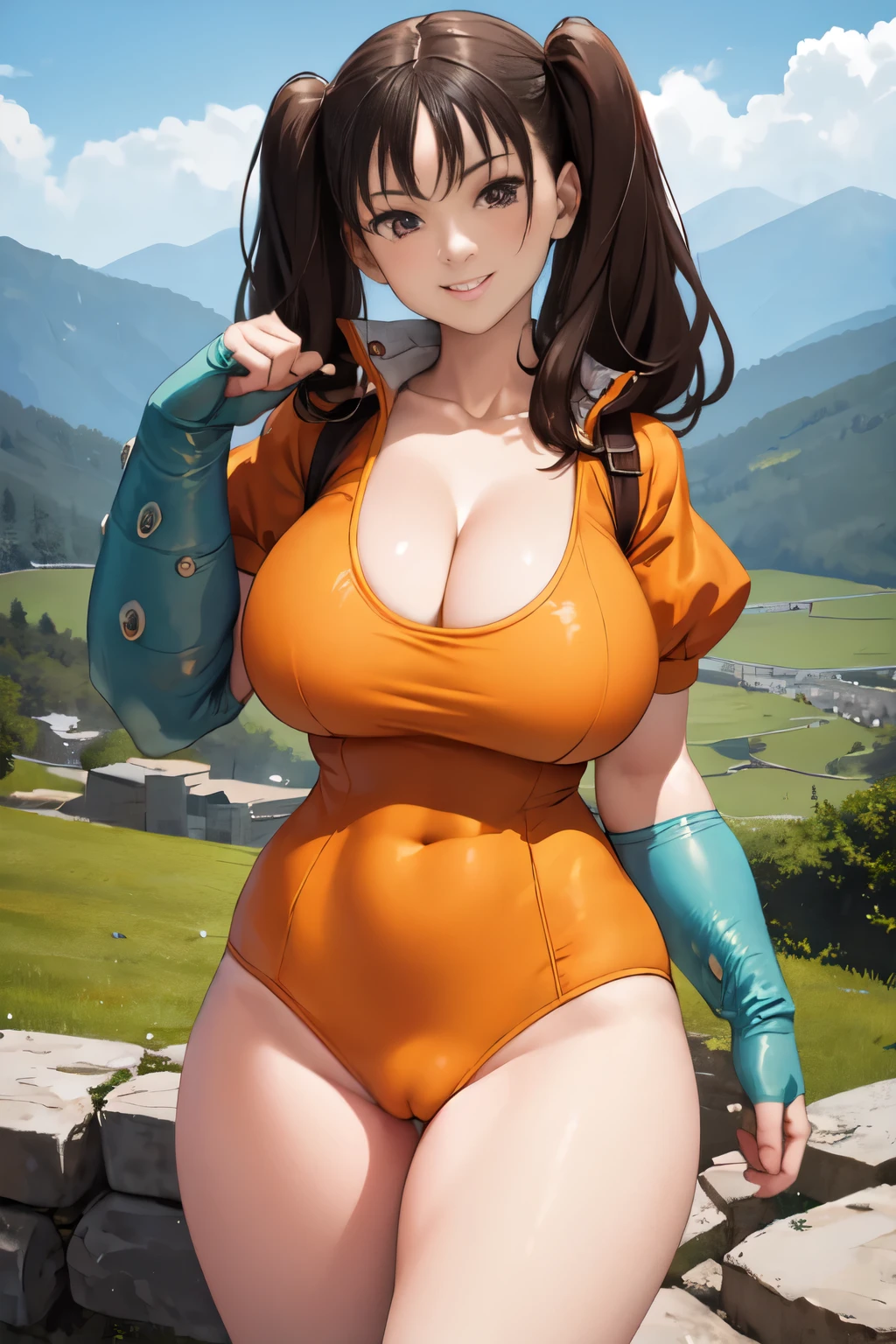 masterpiece, best quality,  sdsDiane, sdsDiane, orange leotard, cleavage, puffy sleeves, collarbone, single elbow glove, huge breasts, giantess, giant, looking at viewer, smile, cowboy shot, landscape, standing