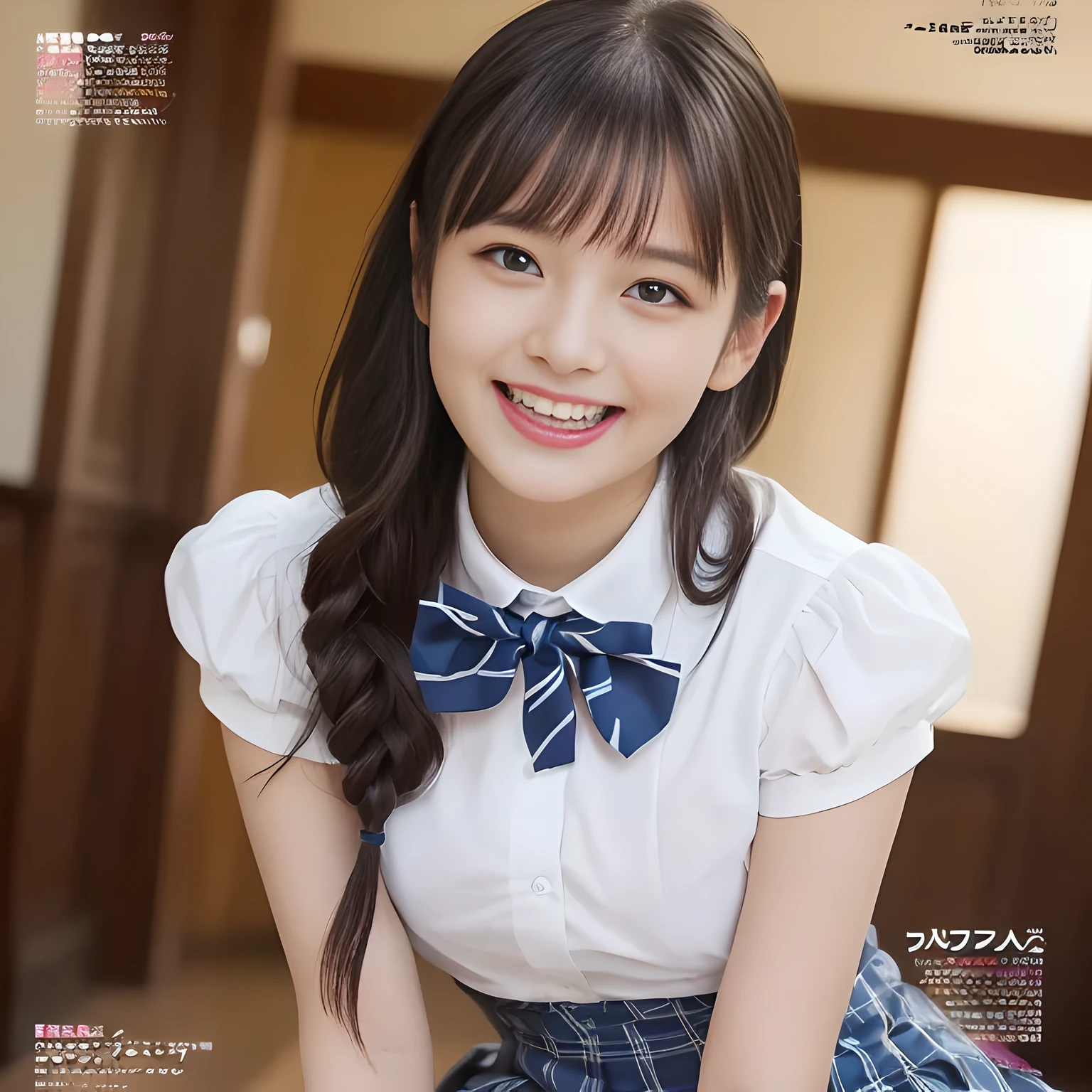 (highest quality、masterpiece:1.2)、highest quality、Realistic、photograph、High resolution、1080p、8K、Fair skin, especially face, Physical Rendering、((Height: 155cm)), one Japanese girl、((((((Siren, a 16-year-old beautiful Japanese magazine fashion model, is watching the viewer.)))))), school summer uniform, (((big very detailed beautiful dark brown eyes))), ((((impressive plain navy large school ribbon bow tie in plain)))), ((((black very beautiful and very very long straight straight hair)))), ((((A light gray box-pleated box-pleated skirt)))), ((A yellow ivory colored blouse with puffed short sleeves and frills)), (((((((laughing cutely and looking at me!))))))), detailed fingers, (((curled bangs))), ((Very large and cute eyes, carefully drawn with great attention to detail)), double eyelids, (((long eyelashes))), ((cute lovely lovely laughing laughing cheeks)), ((Pure white light hits her face from above and in the front, making her skin and eyes shine beautifully.)), ((Strong light hits the nose and cheeks、It brings out the richness of the expression.)), ((The skirt is very cute)), (((((Her facial features are very expressive lovely smile, very very cute, very very intelligent.))))), (((Shooting from the side))), ((Luxury palace staircase)), (( Beautiful teeth alignment))