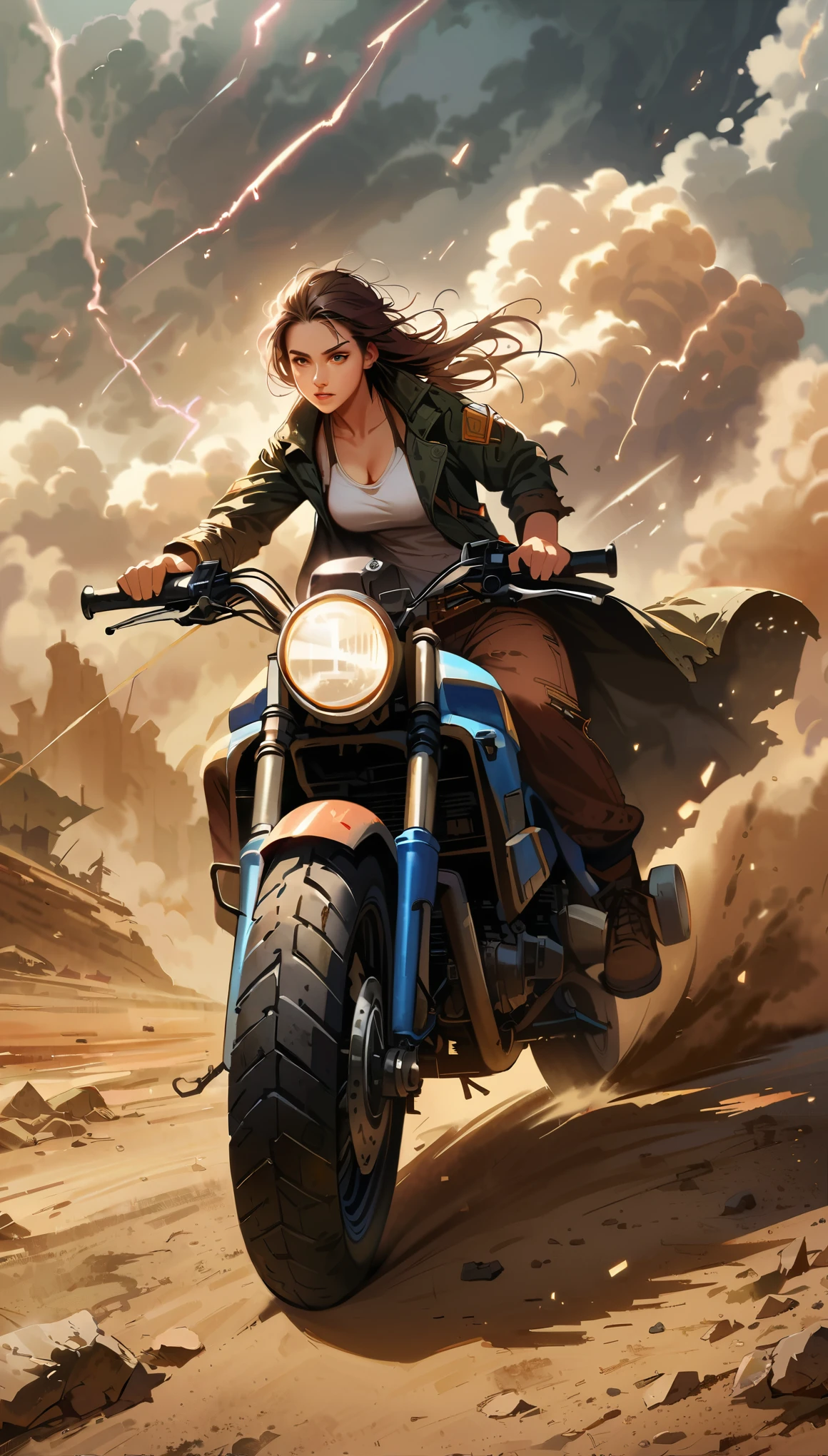 post-apocalyptic wasteland. landscape, wide angle, 1girl, A woman rides a motorcycle fast. She is dressed modern but in old, worn and damaged clothes. The motorcycle is of the ADV type, dirty and damaged and repaired from possible available parts. It has extra tube guards. A woman flees a massive sandstorm. Huge flashes of lightning can be seen in the storm in the distance. big storm with acid rain, colorfull lightnings, strong wind, best quality, realistic, full body, intricate details, depth of field, day, cloudy, 8k uhd, film grain,