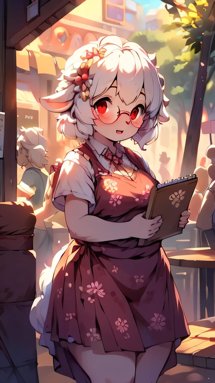 Sheep Girl，female，hairy，White ears，Red eyes，Round glasses，Fluffy fur，Medium length white hair，Slightly fat，Floral skirt，Get dressed，cute，blush，daytime，Cafe，notebook，