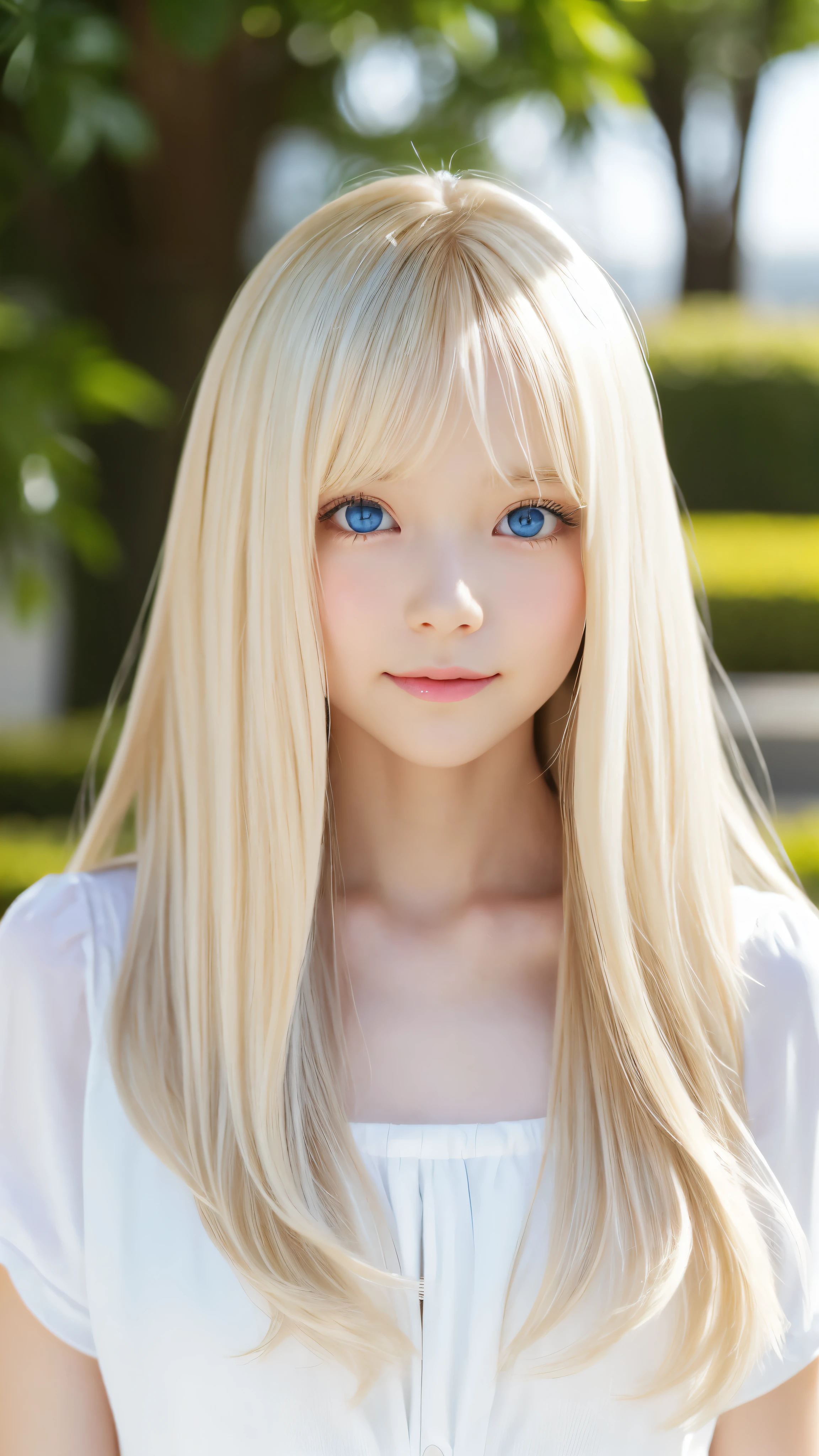Shining, clear, white skin、Her windblown blonde hair hides her beautiful face、huge、28 years old cute sexy little beautiful face、Beautiful straight hair that stands out、growing up, Sparkling light blue eyes、long silky bangs that cover cute eyes, Sexy and cute young woman with super long hair hiding her sexy face、Super long, natural platinum blonde shiny hair