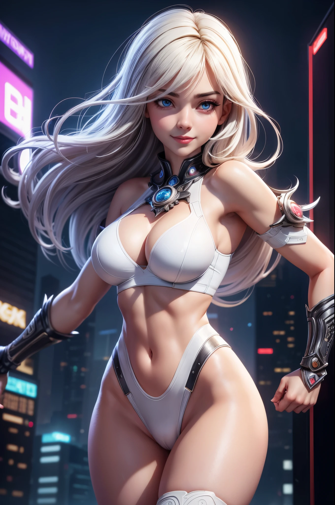 14:07:25 (Raw photo:1.2), (Photorealistic), Beautiful detailed girl, Very detailed eyes and face, Beautiful detailed eyes, Huge file size, High resolution, Very detailed, Best Quality, [masterpiece:1.6], Illustration, Very detailed, Fine detail, Best Quality, 32K Wallpaper, in a futuristic city, neon lights, big screens, intricate details, 3DMM, beautiful girl, short height, medium breast, gentle smile, low cut white panties and bra, full body photo, cameltoe, dynamic pose