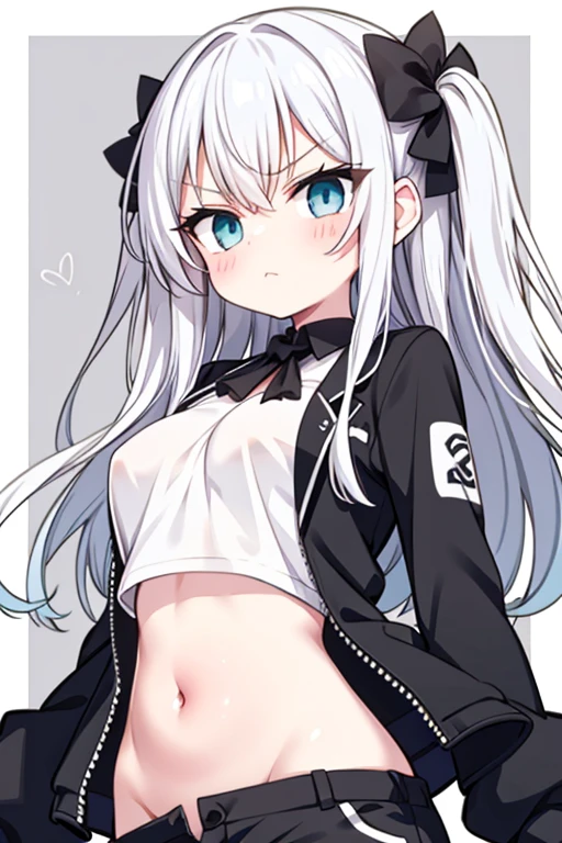 girl、、White shirt、Black jacket、Pussy、belly button、Angry expression