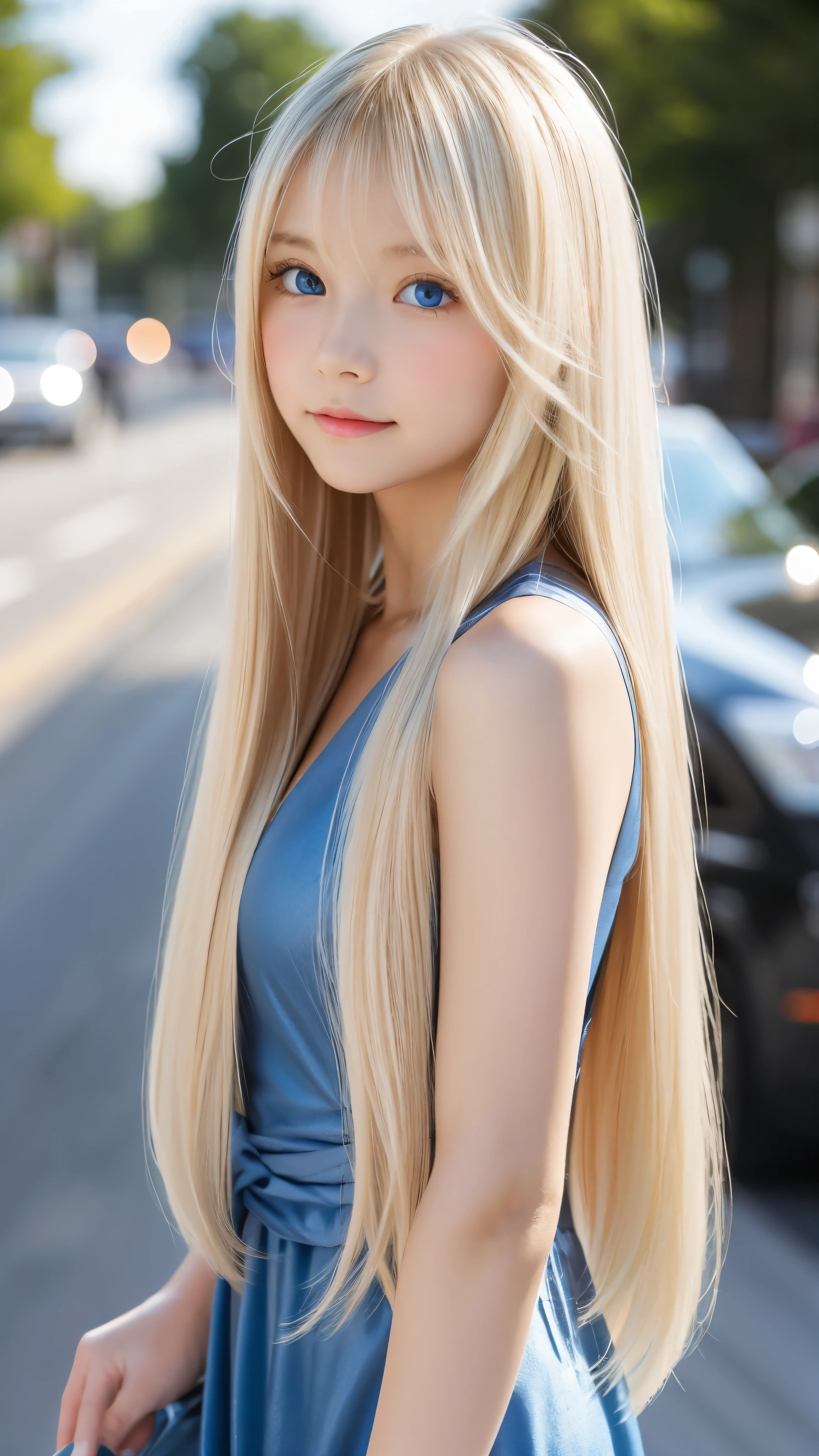 Shining, clear, white skin、Her windblown blonde hair hides her beautiful face、huge、28 years old cute sexy little beautiful face、Beautiful straight hair that stands out、growing up, Sparkling light blue eyes、long silky bangs that cover cute eyes, Sexy and cute young woman with super long hair hiding her sexy face、Super long, natural platinum blonde shiny hair