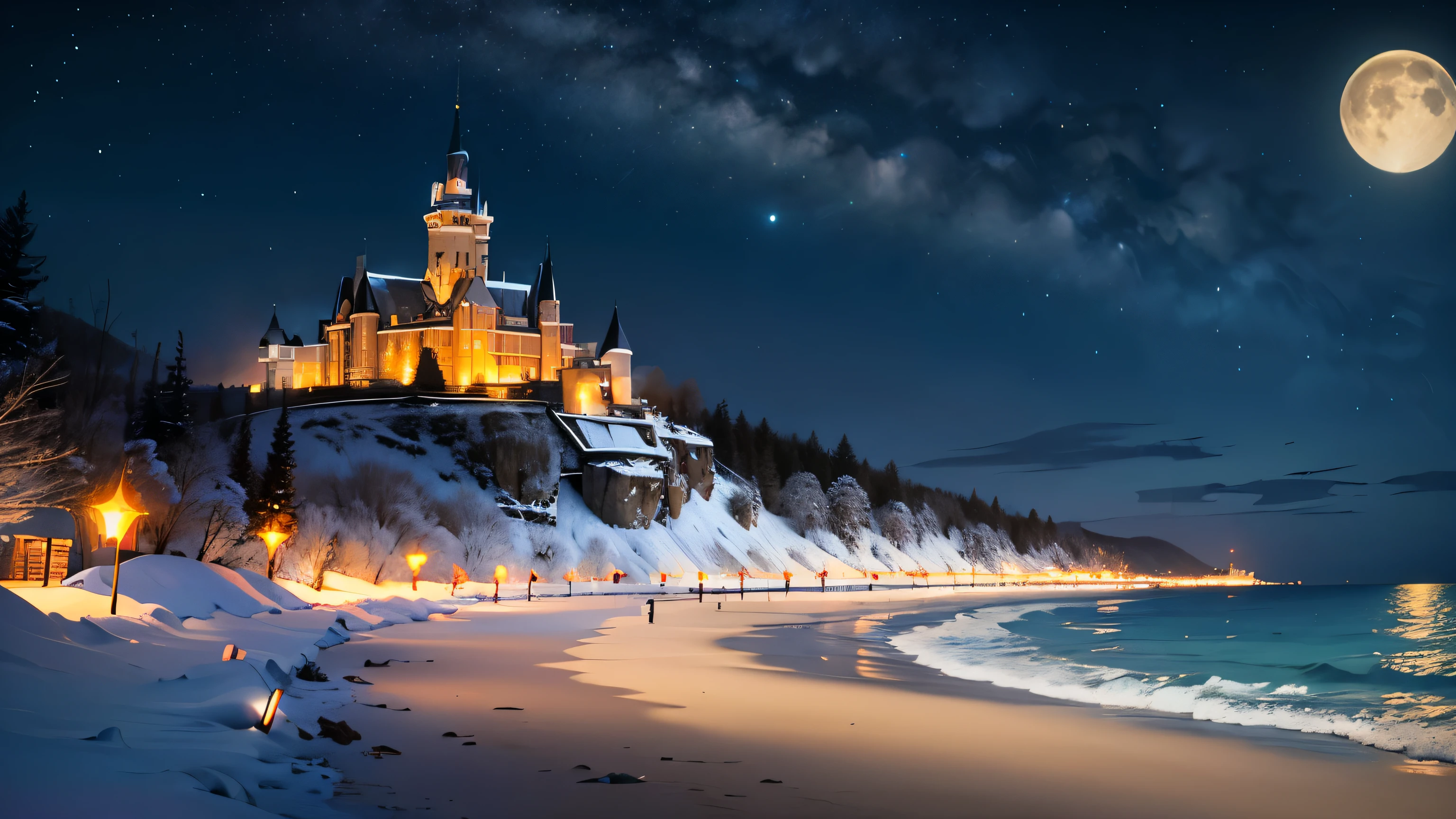 castle, Flowers, Exquisite scenes, Sky, White Cloud, The sun shines on the snow-white beach. birds, pink Flowers and bright big shells, diamond crystal, on the beach, fantasy, night Sky, moon, smokes, fire, photo, HD, 8k, UHD, Super Detail, high quality, 1080p
