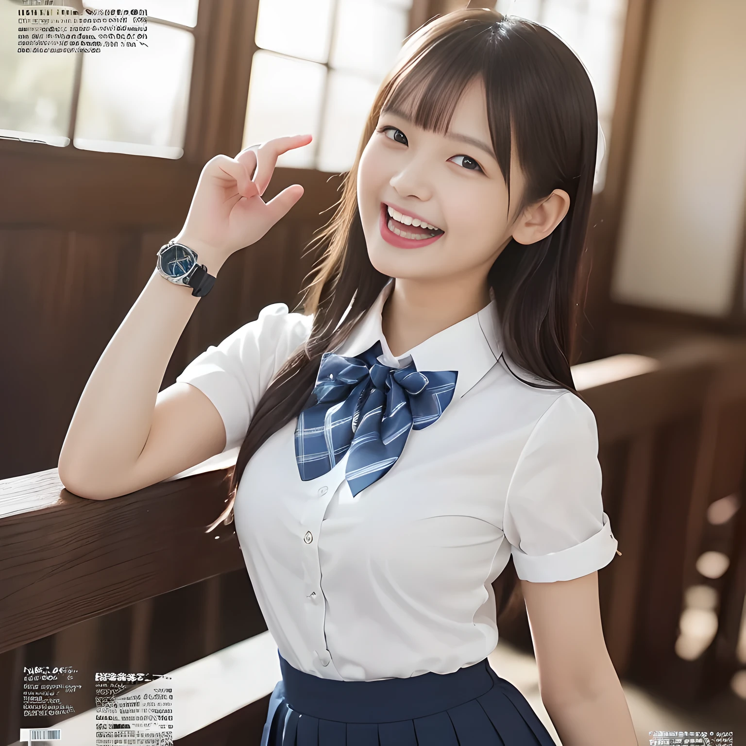 (highest quality、masterpiece:1.2)、highest quality、Realistic、photograph、High resolution、1080p、8K、Fair skin, especially face, Physical Rendering、((Height: 155cm)), one Japanese girl、((((((Siren, a 15-year-old beautiful Japanese magazine fashion model, watches the viewer.)))))), school summer uniform, (((big very detailed beautiful dark brown eyes))), ((((impressive plain navy large school ribbon bow tie in plain)))), ((((black very beautiful and very very long straight straight hair)))), ((((A light gray box-pleated box-pleated skirt)))), ((A yellow ivory colored blouse with puffed short sleeves and frills)), (((((((laughing cutely and looking at me!))))))), detailed fingers, (((curled bangs))), ((Very large and cute eyes, carefully drawn with great attention to detail)), double eyelids, (((long eyelashes))), ((cute lovely lovely laughing laughing cheeks)), ((Pure white light hits her face from above and in the front, making her skin and eyes shine beautifully.)), ((Strong light hits the nose and cheeks、It brings out the richness of the expression.)), ((The skirt is very cute)), (((((Her facial features are very expressive lovely smile, very very cute, very very intelligent.))))), (((Shooting from the side))), ((Luxury palace staircase))