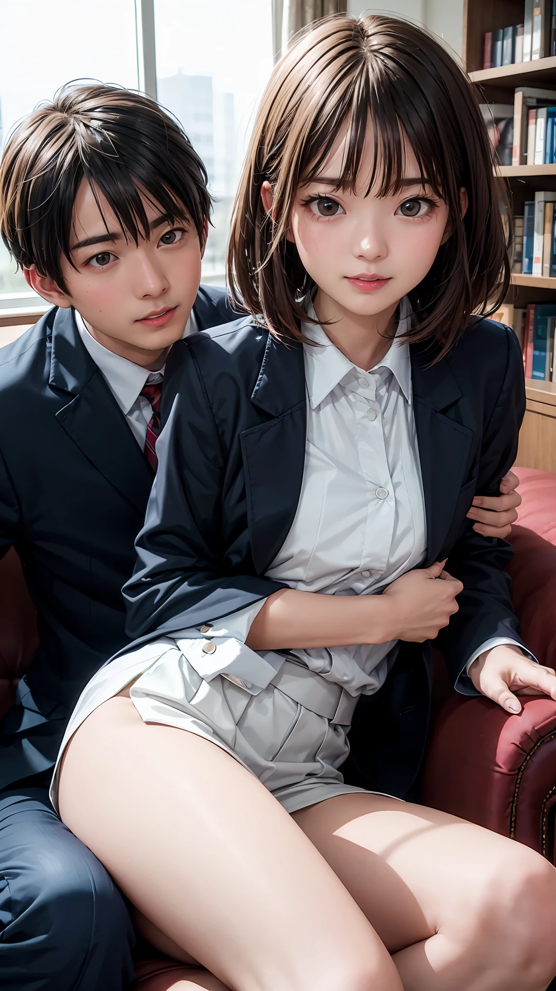 highest quality、4K quality、Man lying on sofa、Woman in a suit straddling a man、A man holds a woman、A man puts his hand on a woman's crotch、slender、Small face、18-year-old、