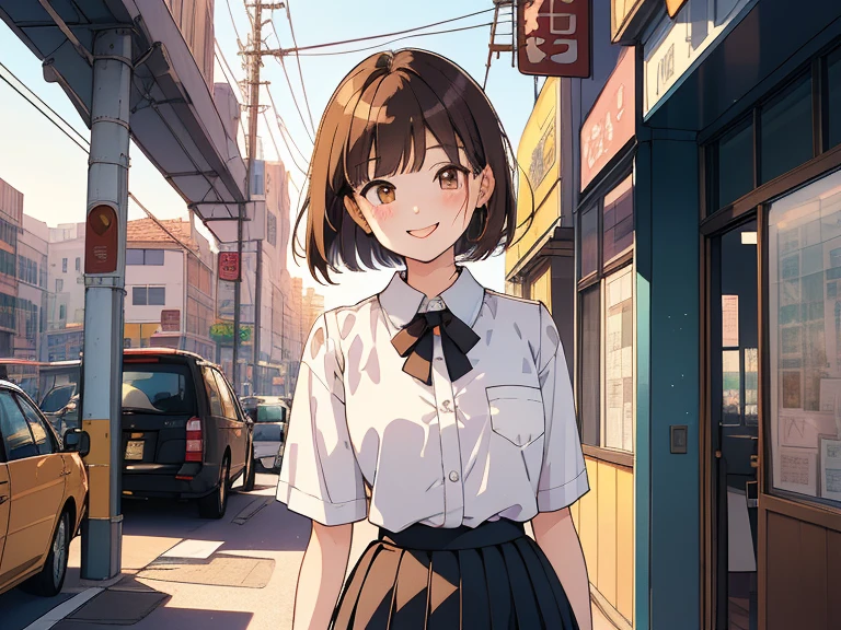 ((((Happy face)))),(((Long shot, taken from the front, 1 girl, white , black skirt, short bob, brown hair, golden eyes, , short height, city girl))), ((On the way home from school)), ((Uniform)), (Masterpiece), (High resolution), (Top quality), (Super delicate), ((Line drawing manga style)), Wallpaper, Manga style illustration, Painting style, heartwarming synopsis, ((youth)), (student), (unique atmosphere), unique world view, unique atmosphere, youth town, (masterpiece), (high resolution), (highest quality), (super delicate), line drawing manga style, comic style illustration, how to draw, warm outline color, (clear), (obvious)