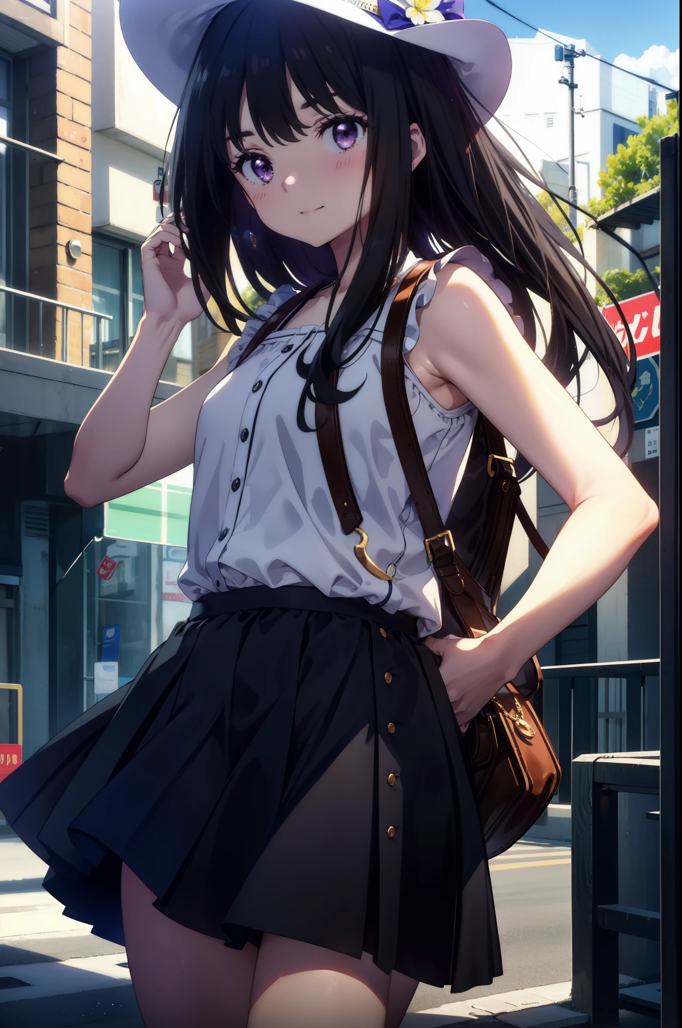 Takiuchi, Inoue Check, Long Hair, bangs, Black Hair, (Purple eyes:1.2),happy smile, smile, Open your mouth,smile,blush,Blue long skirt one-piece dress,No sleeve,Bare arms,Rocket Pendant,Cute Sandals,White hat,True Summer,Clear skies,So that the whole body goes into the illustration,
break outdoors, Coastal Road,City Street,
break looking at viewer, (Cowboy Shot:1.5),
break (masterpiece:1.2), highest quality, High resolution, unity 8k wallpaper, (figure:0.8), (Beautiful fine details:1.6), Highly detailed face, Perfect lighting, Highly detailed CG, (Perfect hands, Perfect Anatomy),