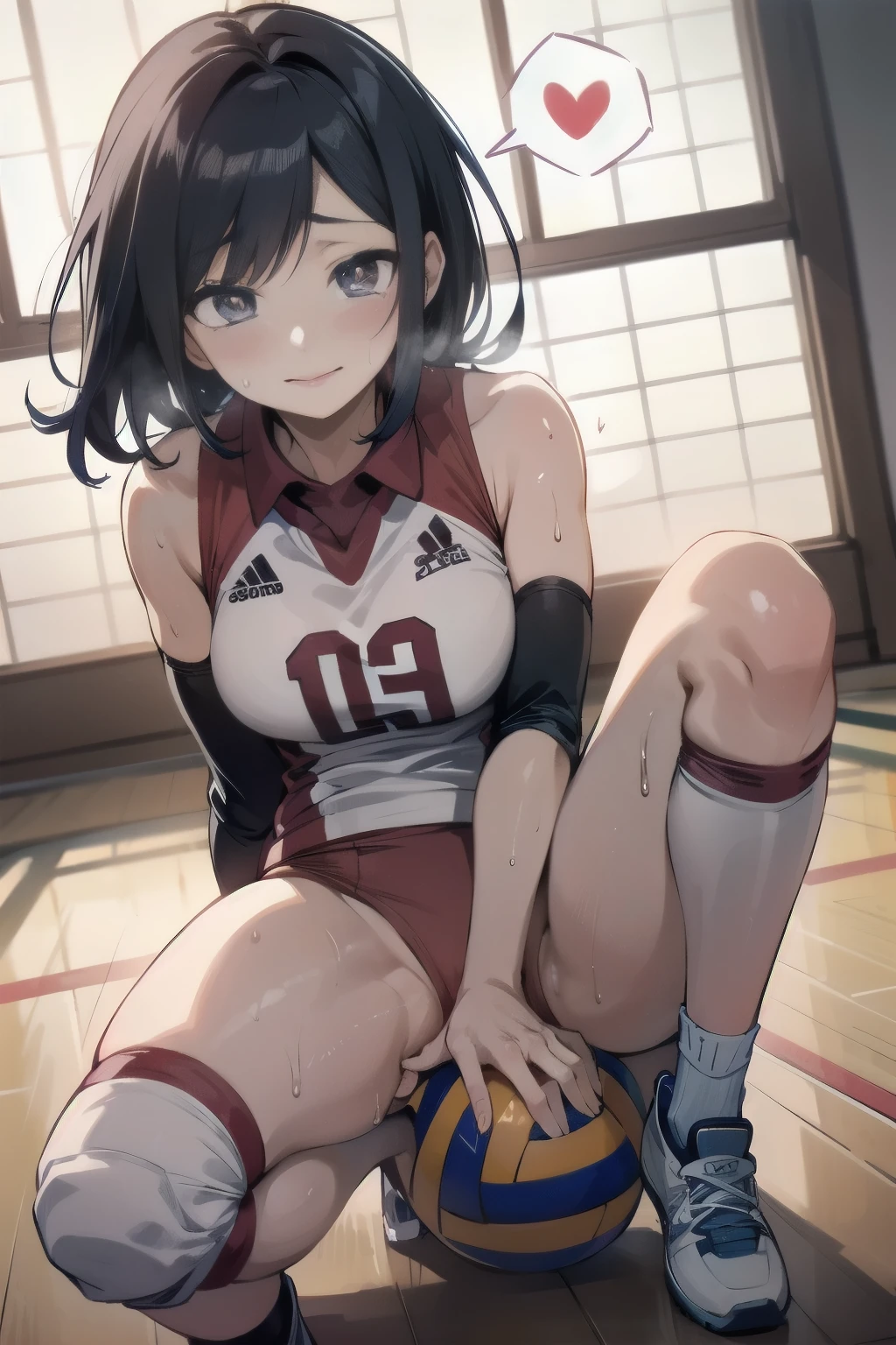 unity 8k wallpaper, anatomically correct, (((masterpiece))), (((best quality))), (((ultra detailed))), (((high-resolution))), ((Ultimate cutie)), perfect hands, perfect finger, (((good anatomy))), detailed beautiful face, shiny hair, (((gyaru))), (potbelly), (curvy), medium breasts, ((Thick thighs)), (((solo))), ((seductive smile)), (((blush))), ((embarrassed expression)), (Eyes are heart marks), (heart shaped pupils), ((trembling)), 
BREAK, (((sit astride the perfectly spherical shape 6-inch volleyball))), (((Straddling a perfectly spherical 6" volleyball))), (((Perfectly spherical 6" volleyball fits perfectly crotch))), BREAK, (((Rub the  Perfectly spherical 6" volleyball against crotch))), (masturbation), 
BREAK, adidas, (Collared volleyball uniforms), sleeveless, ((buruma)), ((kneepad)), ((pussy juice stained)), (elbow pad), (((sweat))), (((covered in sweat))), ((deep breathing)), in Volleyball Court, indoor, lighting,  looking at viewer, full body, (spoken heart)