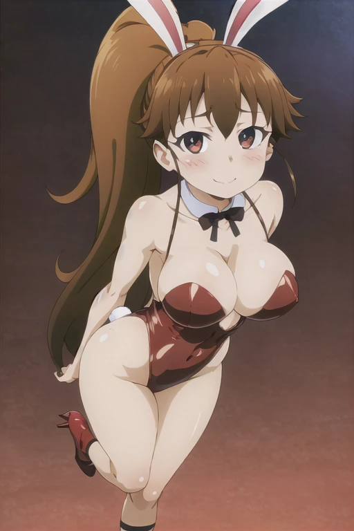 (masterpiece), (highest quality), (figure), (Very detailed), (High resolution), (8k),  (Perfect Anatomy), (Anatomically correct), One Girl, Very large breasts, Big Breasts, ponytail,  Long Hair, (brown hair), very cute girl, Short, young, , Young, delicate, Attention to girls, she, smile, charming smile, blush, Best moment, ,  low length, Short, Eye color is brown, Bright Eyes, Vivid eyes, cute,  Thighs, Thick legs, Waistline, Being spoiled, Innocent, i love you, Love Viewer, Beautiful Skin, Beautiful body, cute face, delicate arms,　Innocent, Boyfriend's gaze, Vivid eyes, Neat,  blush, Sensual, whole body, Seductive, Detailed skin texture,　Intricate details,　Very detailedな顔, Beautiful Eyes, Big Eyes, heart,  Inviting,  Desire to monopolize, Quote,  Emphasize the chest,  Gorgeous,  Beautifully shaped breasts, Looking up,  I love you, red Bunny girl, Fake rabbit ears head dress, night bar, red High heels, upright, Are standing,