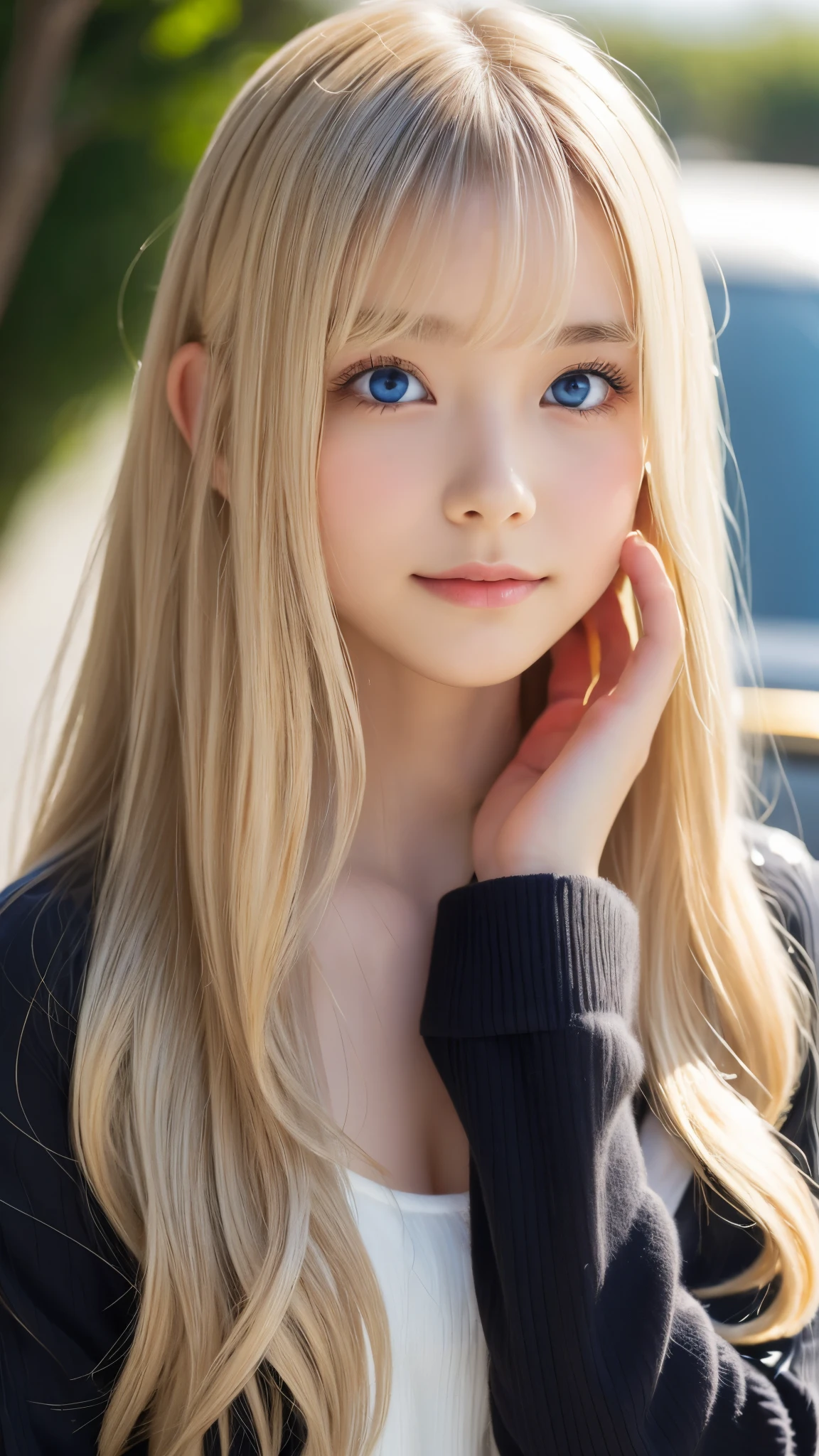 Shining, clear, white skin、Her windblown blonde hair hides her beautiful face、huge、28 years old cute sexy little beautiful face、Beautiful straight hair that stands out、growing up, Sparkling light blue eyes、long silky bangs that cover cute eyes, Sexy and cute young woman with super long hair hiding her sexy face、Super long, natural silver blonde shiny hair