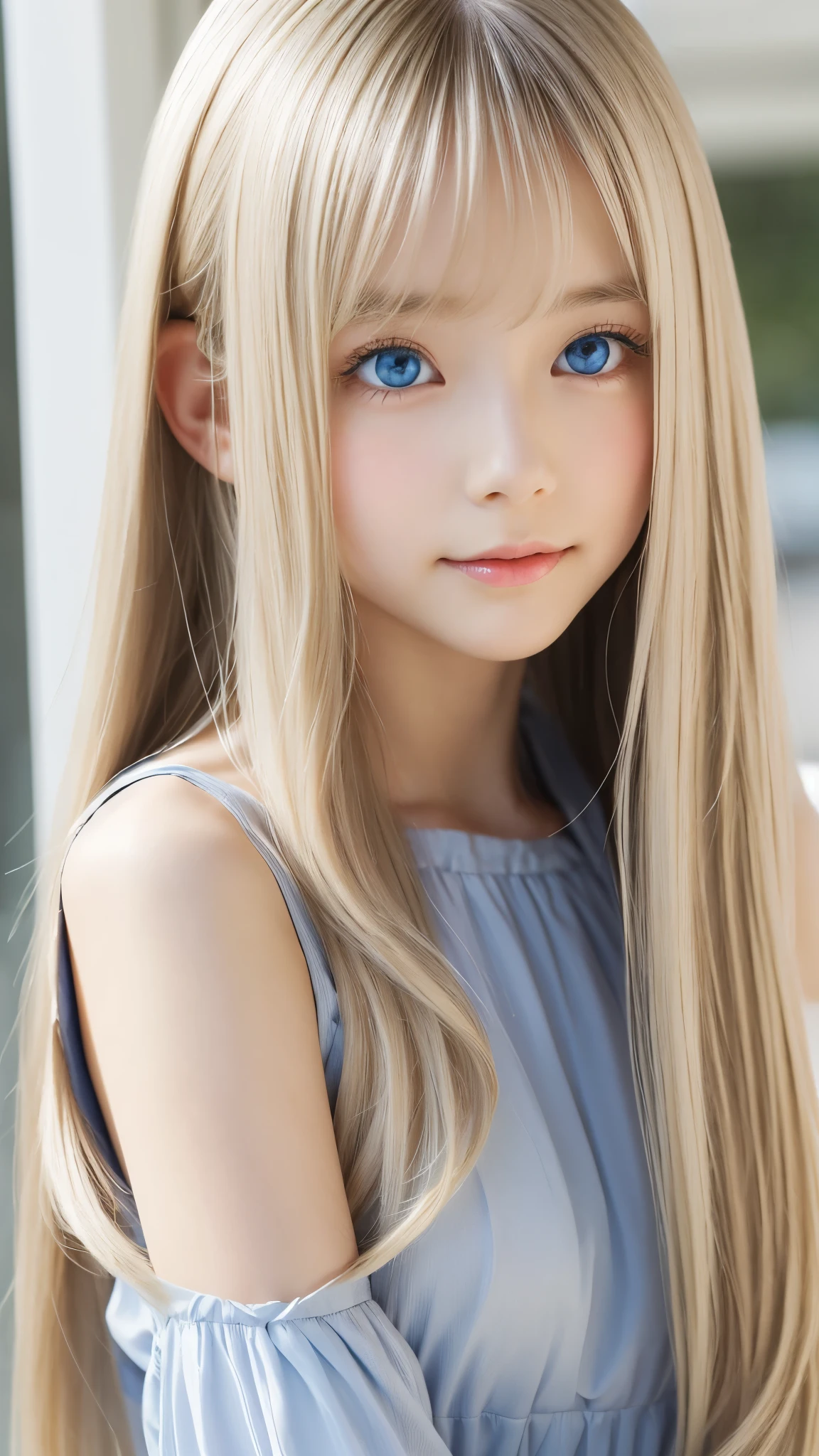 Shining, clear, white skin、Her windblown blonde hair hides her beautiful face、huge、28 years old cute sexy little beautiful face、Beautiful straight hair that stands out、growing up, Sparkling light blue eyes、long silky bangs that cover cute eyes, Sexy and cute young woman with super long hair hiding her sexy face、Super long shiny silver hair