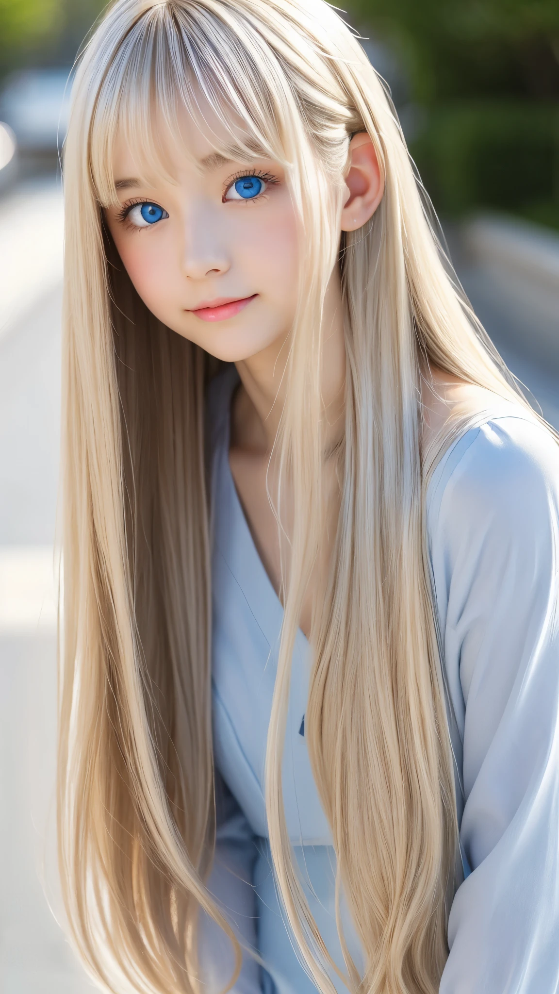 Shining, clear, white skin、Her windblown blonde hair hides her beautiful face、huge、28 years old cute sexy little beautiful face、Beautiful straight hair that stands out、growing up, Sparkling light blue eyes、long silky bangs that cover cute eyes, Sexy and cute young woman with super long hair hiding her sexy face、Super long shiny silver hair