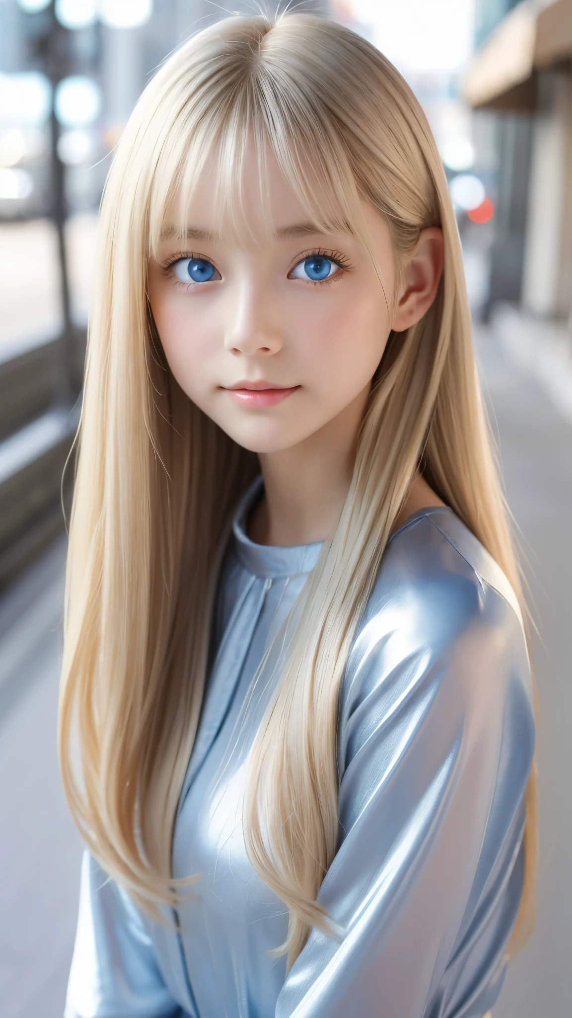 Shining, clear, white skin、Her windblown blonde hair hides her beautiful face、huge、28 years old cute sexy little beautiful face、Beautiful straight hair that stands out、growing up, Sparkling light blue eyes、long silky bangs that cover cute eyes, Sexy and cute young woman with super long hair hiding her sexy face、Super long shiny silver hair