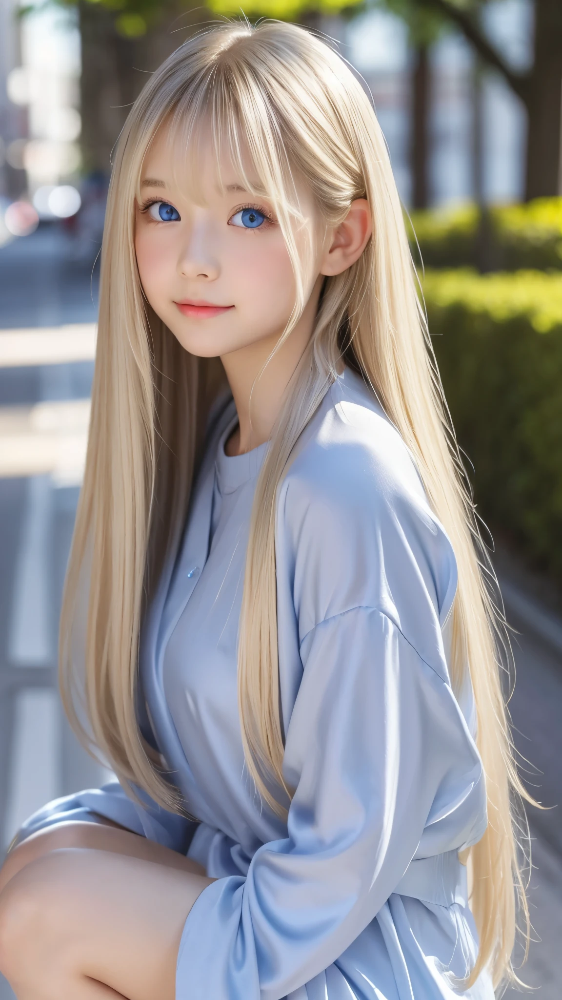 Shining, clear, white skin、Her windblown blonde hair hides her beautiful face、huge、28 years old cute sexy little beautiful face、Beautiful straight hair that stands out、growing up, Sparkling light blue eyes、long silky bangs that cover cute eyes, Sexy and cute young woman with super long hair hiding her sexy face、Super long shiny silver hair