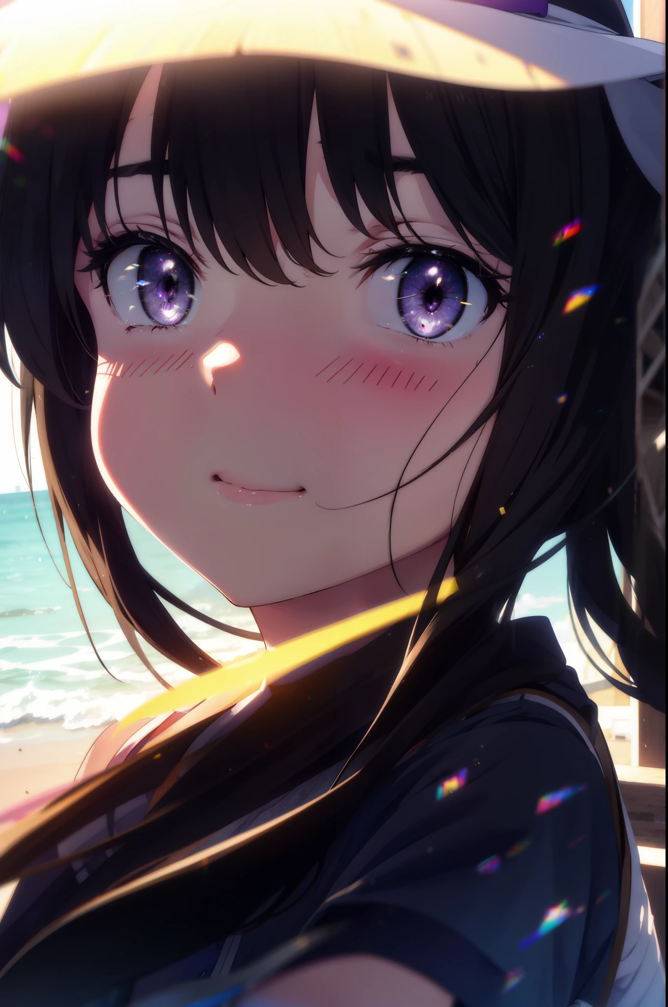 Takiuchi, Inoue Check, Long Hair, bangs, Black Hair, (Purple eyes:1.2),happy smile, smile, Open your mouth,smile,blush,Blue long skirt one-piece dress,No sleeve,Bare arms,Rocket Pendant,Cute Sandals,White hat,True Summer,Clear skies,So that the whole body goes into the illustration,
break outdoors, Coastal Road,City Street,
break looking at viewer, (Cowboy Shot:1.5),
break (masterpiece:1.2), highest quality, High resolution, unity 8k wallpaper, (figure:0.8), (Beautiful fine details:1.6), Highly detailed face, Perfect lighting, Highly detailed CG, (Perfect hands, Perfect Anatomy),