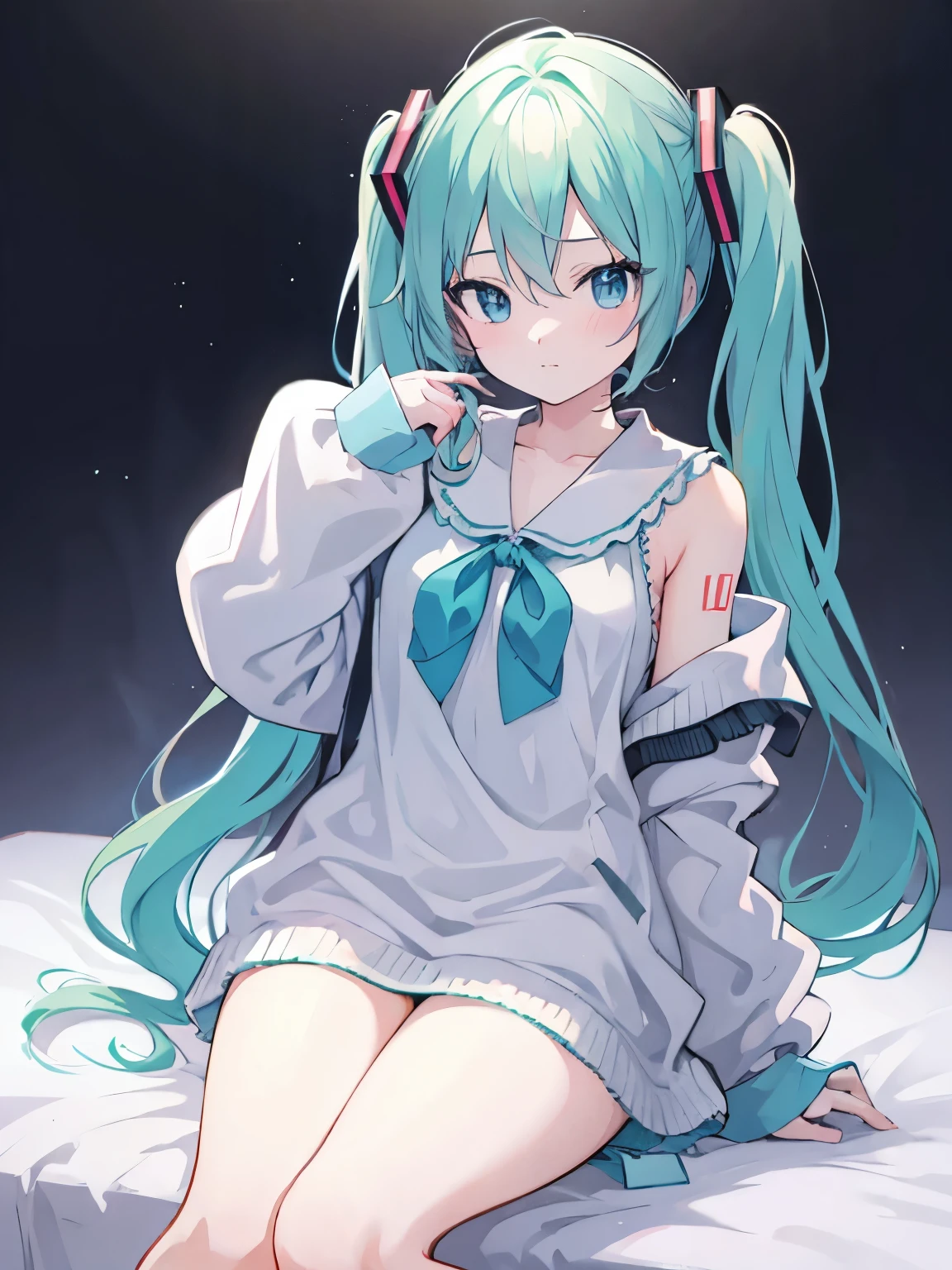 Hatsune miku sitting on a bed, thick thighs, smooth skin, warm lighting