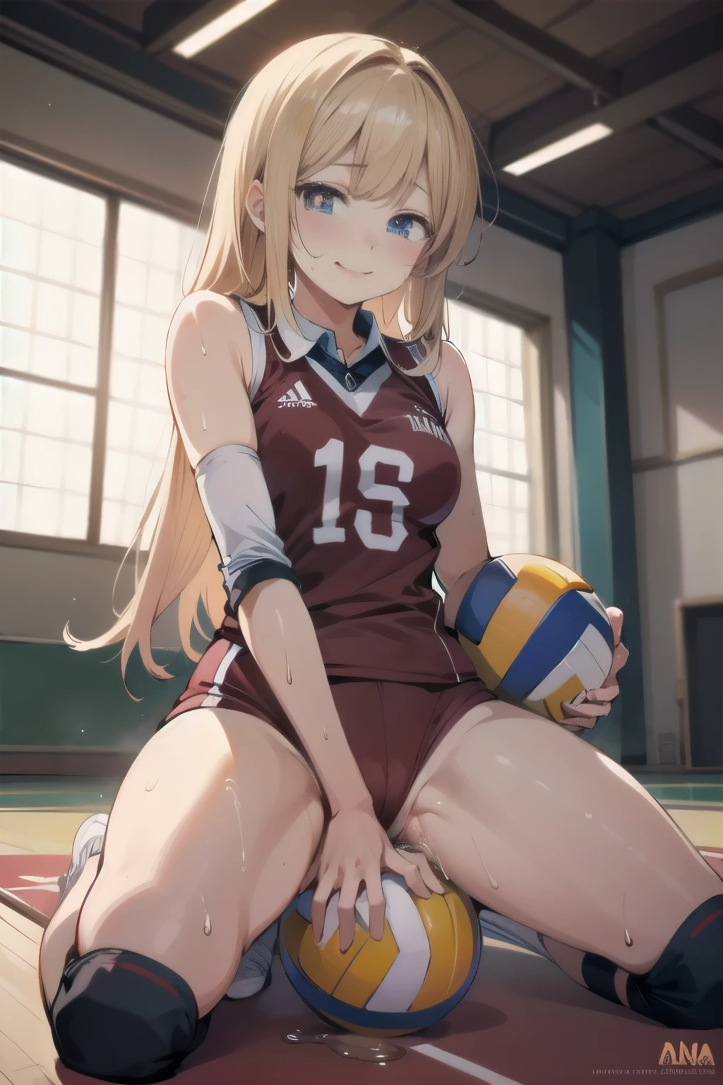 unity 8k wallpaper, anatomically correct, (((masterpiece))), (((best quality))), (((ultra detailed))), (((high-resolution))), ((Ultimate cutie)), perfect hands, perfect finger, (((good anatomy))), detailed beautiful face, shiny hair, (((gyaru))), (potbelly), (curvy), medium , ((Thick thighs)), (((solo))), ((seductive smile)), (((blush))), ((embarrassed expression)), (Eyes are heart marks), (heart shaped pupils), ((trembling)),
BREAK, (((sit astride the perfectly spherical shape 6-inch volleyball))), (((Straddling a perfectly spherical 6" volleyball))), (((Perfectly spherical 6" volleyball fits perfectly crotch))), BREAK, (((Rub the Perfectly spherical 6" volleyball against crotch))), (masturbAK, adidas, (Collared volleyball uniforms), sleeveless, ((buruma)), ((kneepad)), ((pussy juice stainedelbow pad), (((sweat))), (((covered in sweat))), ((deep breathing)), in Volleyball Court, indoor, lighting, looking at viewer, full body, (spoken heart)