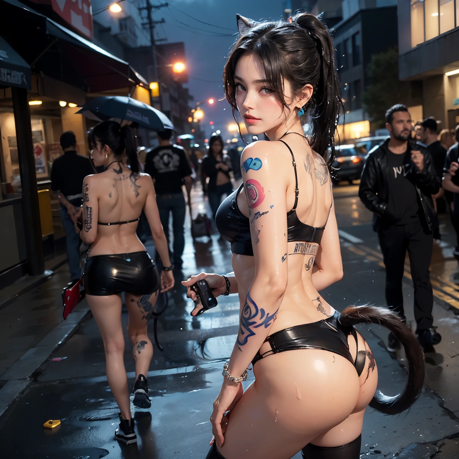 ((best quality)), ((masterpiece)), (detailed), perfect face, Photorealistic, High resolution, Soft light, hips up high, (Detailed face), (many tattoos:1.3), (pistol:1.4), mini shredded skirt, Jewelry, (street wear:1.2), (night:1.3), small shredded outwear, special clothes 42, loose transparent clothes, late night street background, An eye that invites the viewer, Lover's perspective, inviting expression, Sexy smile, Perfect Style, Perfect balance, Detailed skin, Naughty gaze, Chest visible, (well toned abs:1.3), (from head to knee:1.4), small face, sweat, sexy visble veins, (messy curvy hair:1.2), hair over one eye, small curvy breast, breast cleavage, detailed shiny hair, earrings, neclace, jewelry, (open lips:1.4), shredded clothes, (wet:1.2), 2 girls, futuristic background, bracelet, cyberpunk, raining, boyish, (very long ponytail:1.2), sexy mechanic working, back light, fine shadowing, sexy oblique muscle lines, slightly dirty, (ice cream:1.1), spanner, cute cat ears, (hairy tail:1.4), (side ass facing viewers:1.4)