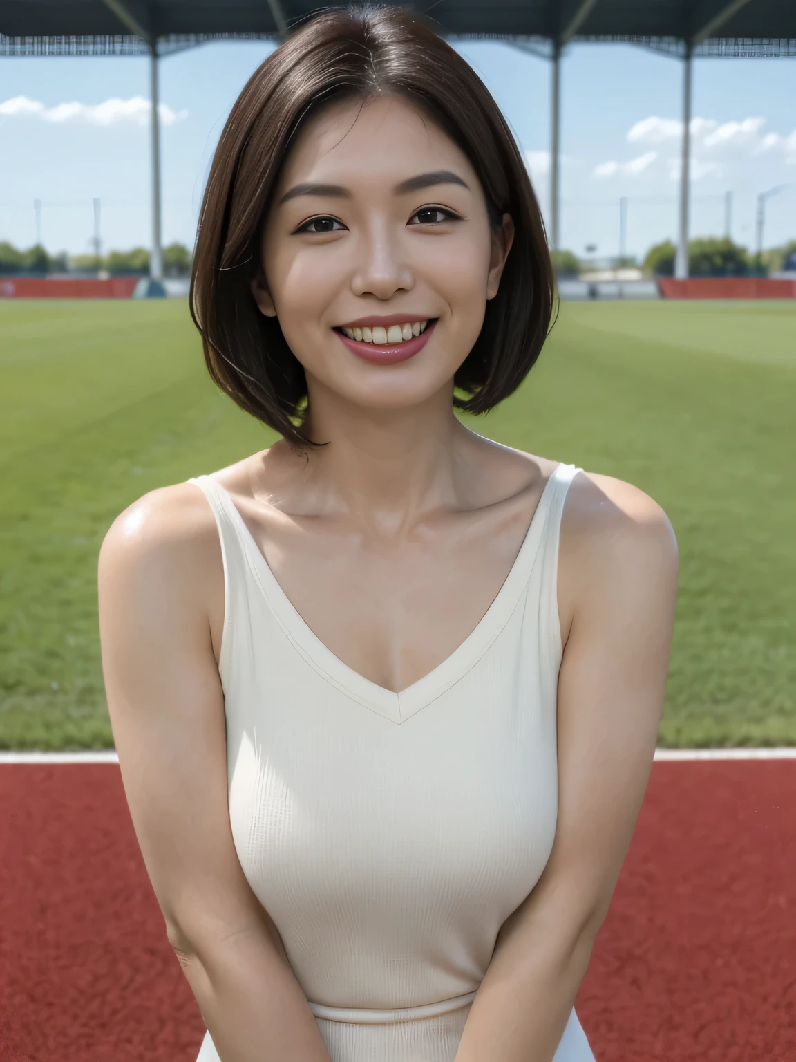 One Mature Woman、38 years old、Japanese,Looking at the audience,(Wear a football uniform）、（With uniform number）、(Standing on the grounds of a soccer field), Shining Face,Shiny skin,Shortcuts,Black Hair,Red Mouth,clavicle,Beautiful fingers,Full body portrait,  short hair, Bobcut, 8k, Super Detail, highest quality, Sweaty skin, Anatomically correct, masterpiece , highest quality,  Use perspective throughout , Surrealism , ,(Realistic:1. 3),(RAW Photos) , Black Hair, light smile, short hair, Bobcut, Anaglyph, Stereogram, (Mature Woman:1), (38 years old), ((close:0.5)), Glare, double eyelid, Lip gloss, (smile:1), ((close your eyes:0.85)), Red Mouth, clavicle, ((View your viewers)), (short hair of reddish-brown color wet and shiny,), (The whole body is visible) , Slightly thick body type , Wide-eyed , Perfect round eyes , Fine texture 、（Beautiful teeth alignment）、（smile：1.3）,Japanese,big breasts,Big Ass,G-cup breasts,Beautiful fingers,highlight big breasts