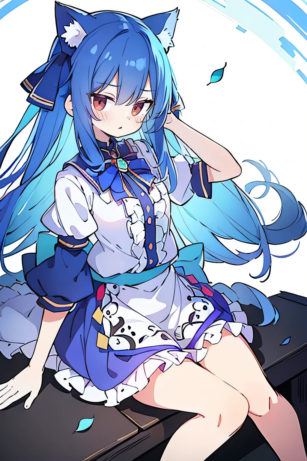 (masterpiece:1.2),ultra-detailed,realistic,expressive eyes,fair-skinned,perfectly shaped face,1girl,
Japanese cartoons,Gorgeous blue hair, flowing blue hair,floating clothes,cat ears,petals falling,beautiful Lola,Hina Angel,
hands on waist,gracefully sitting on the ground,legs crossed,gentle and serene background,cool and comfortable pavilion.
