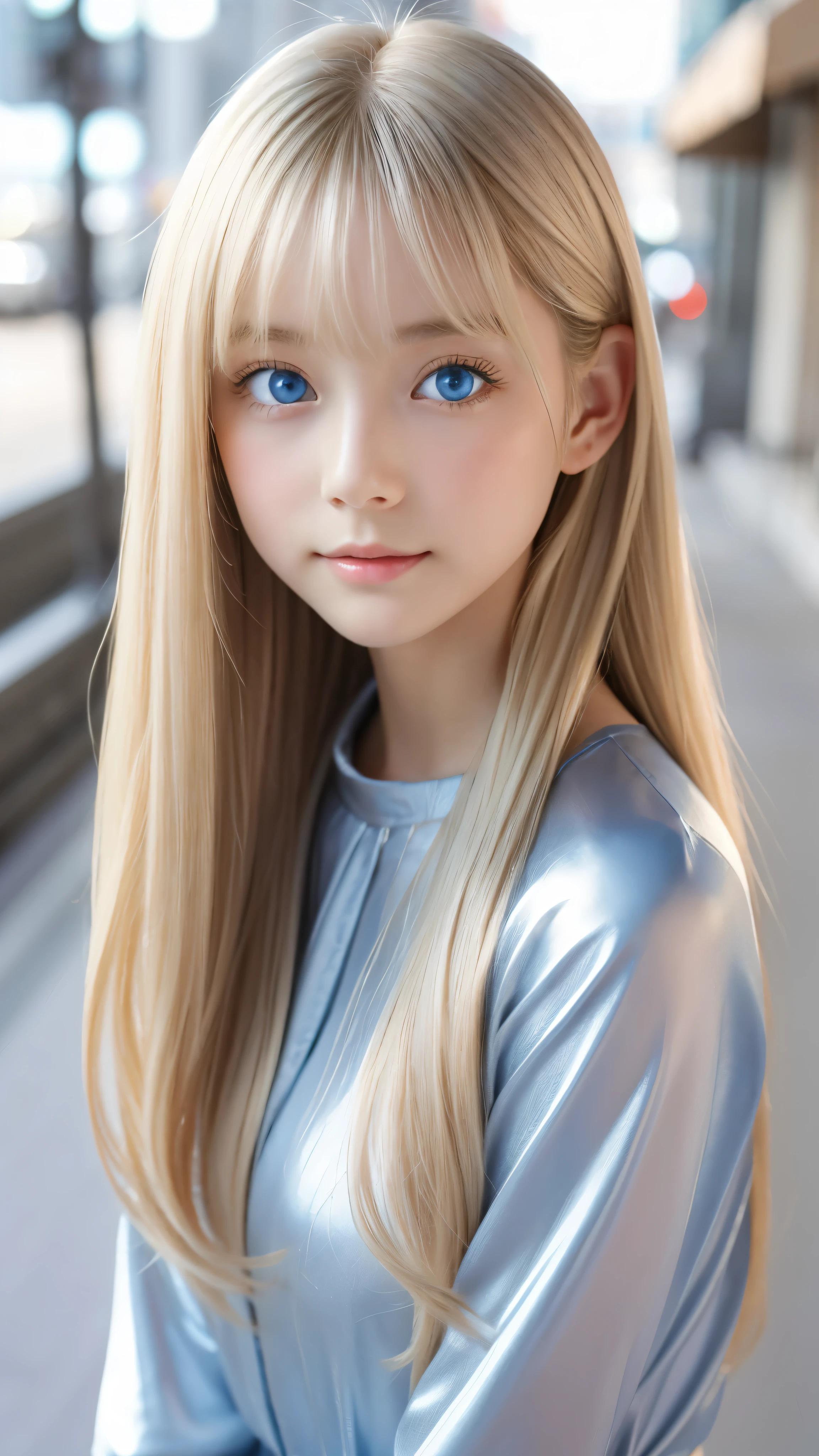 Shining, clear, white skin、Her windblown blonde hair hides her beautiful face、huge、28 years old cute sexy little beautiful face、Beautiful straight hair that stands out、growing up, Sparkling light blue eyes、long silky bangs that cover cute eyes, Sexy and cute young woman with super long hair hiding her sexy face、Super long shiny silver hair