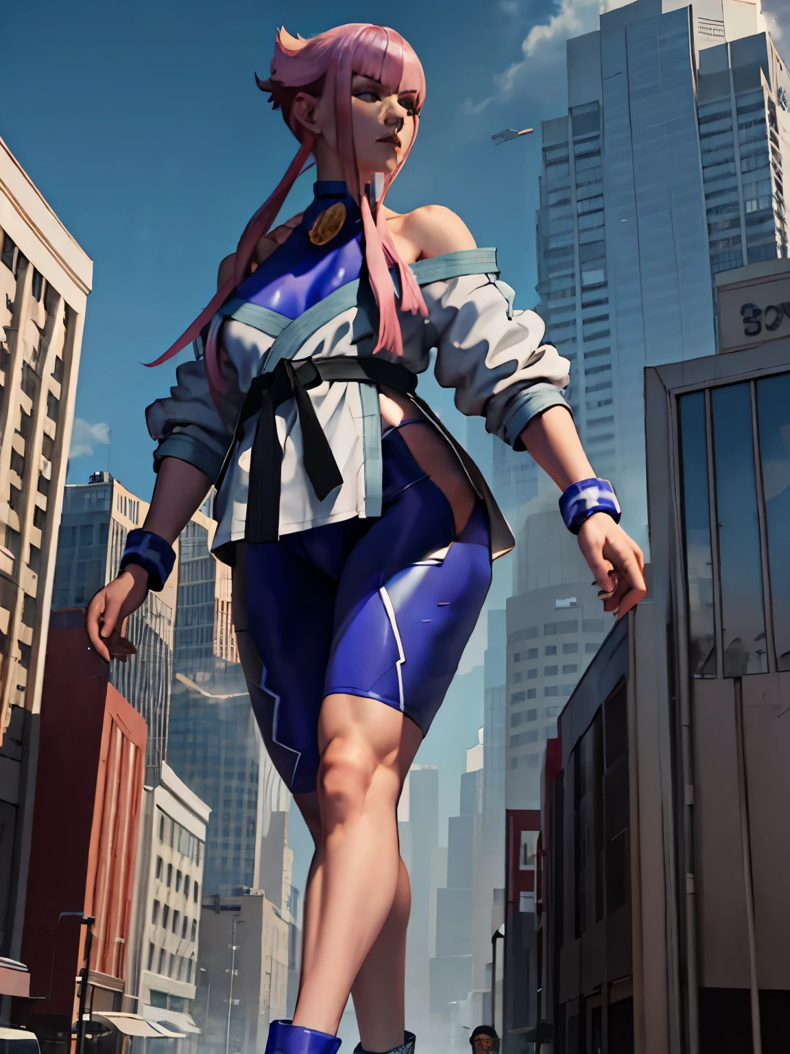 Masterpiece, best quality, high-resolution, 1girl, solo, 1girl, giantess, mamonms, off shoulder, white dougi, martial arts belt, halterneck, hip ventilation, bodysuit, walking in the city