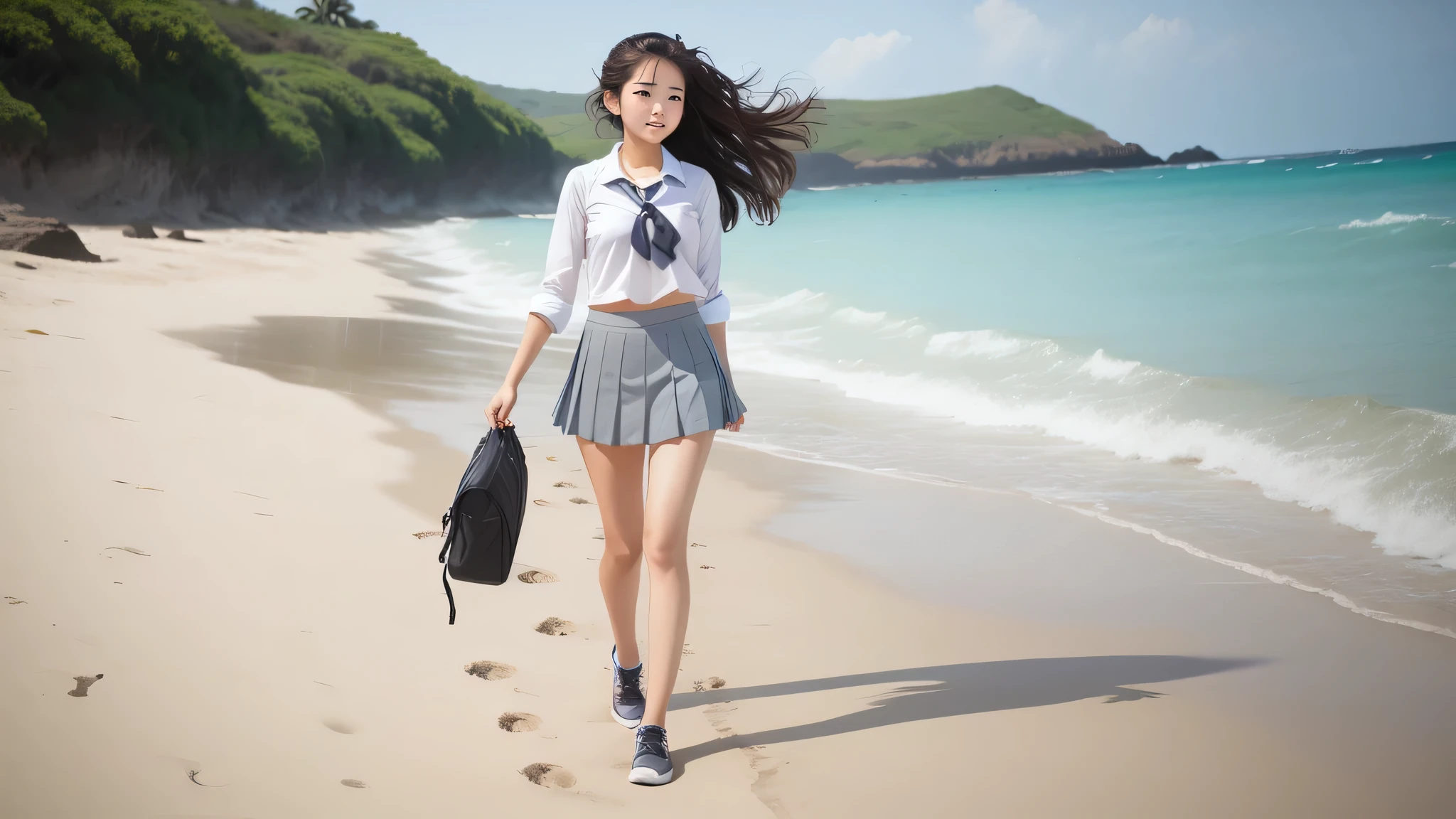 A high school girl walking on the beach、Side Up、Sexy hairstyle、Grey pleated skirt